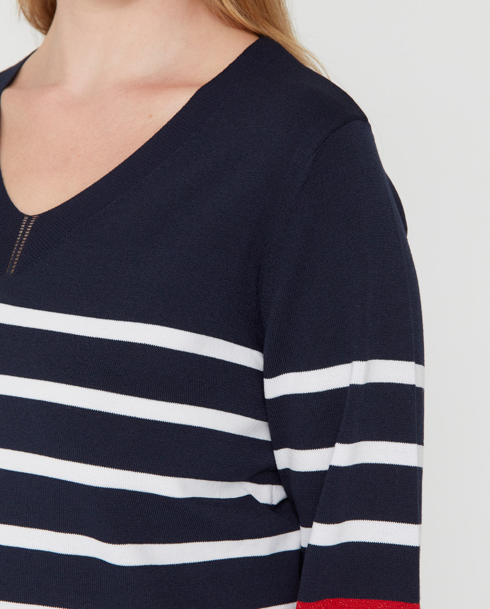 Jersey de mujer manga tres cuartos con cuello pico y rayas - October - Azul marino Azul marino-3