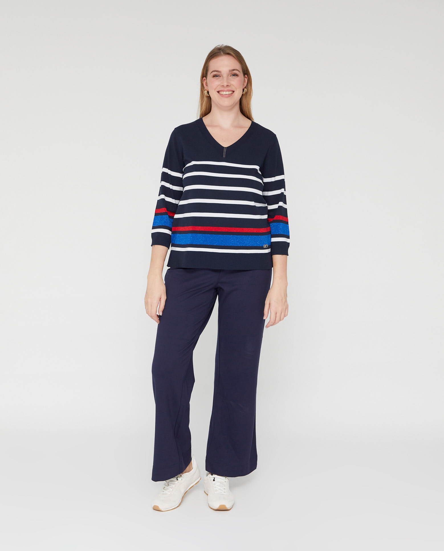 Jersey de mujer manga tres cuartos con cuello pico y rayas - October - Azul marino Azul marino-4
