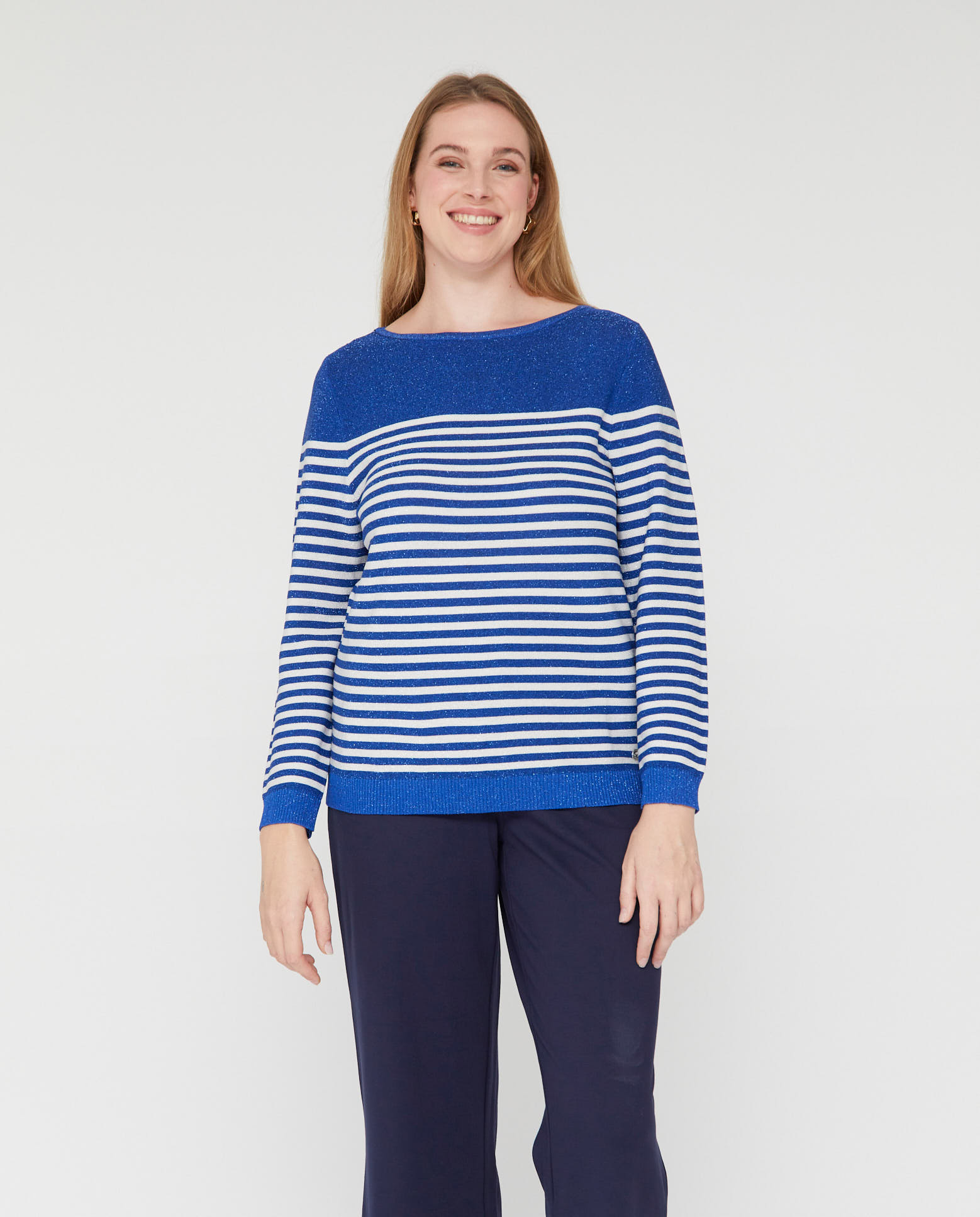 Jersey de mujer rayas cuello barco con hilo metalico - October - Azul Azul-1