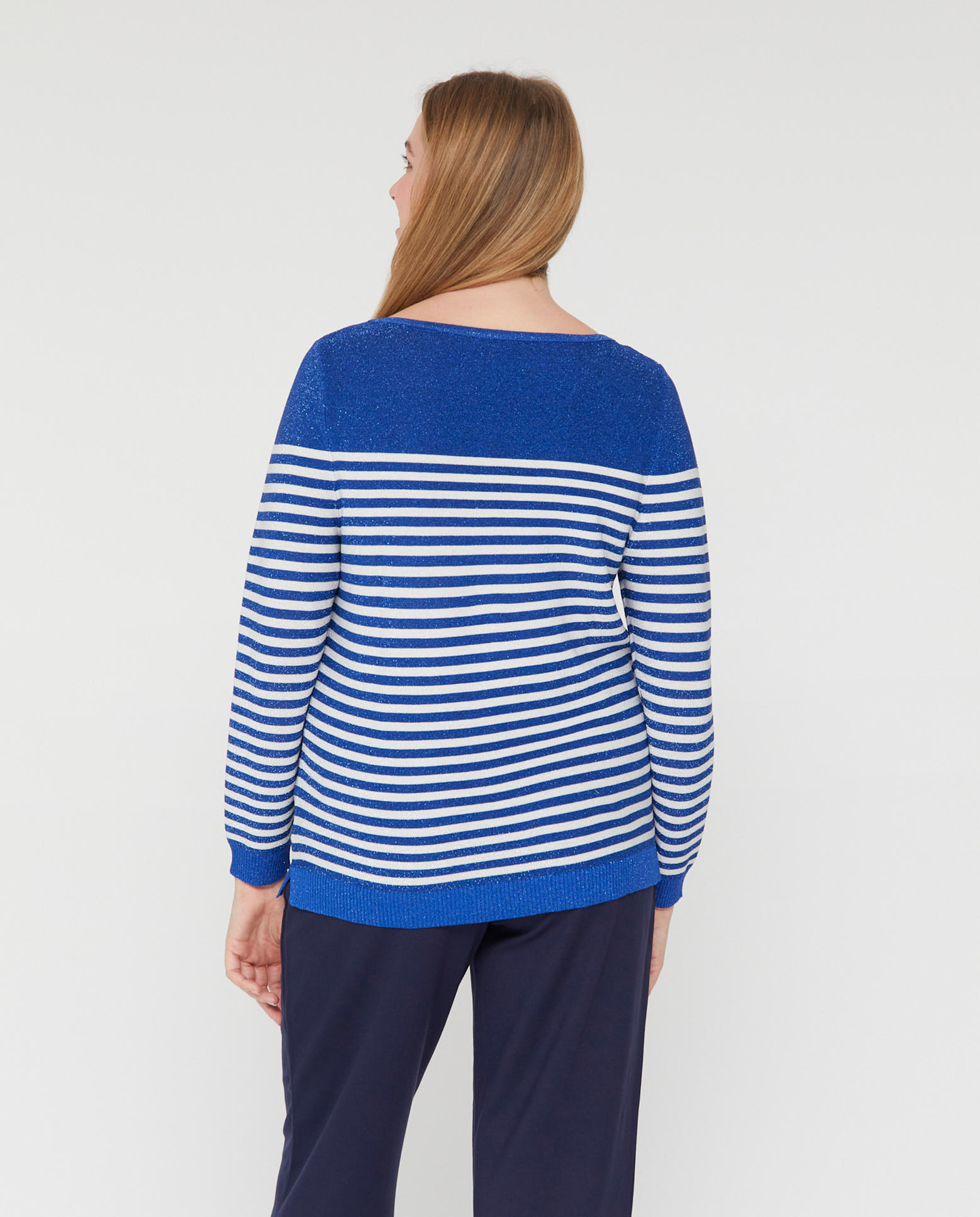 Jersey de mujer rayas cuello barco con hilo metalico - October - Azul Azul-2