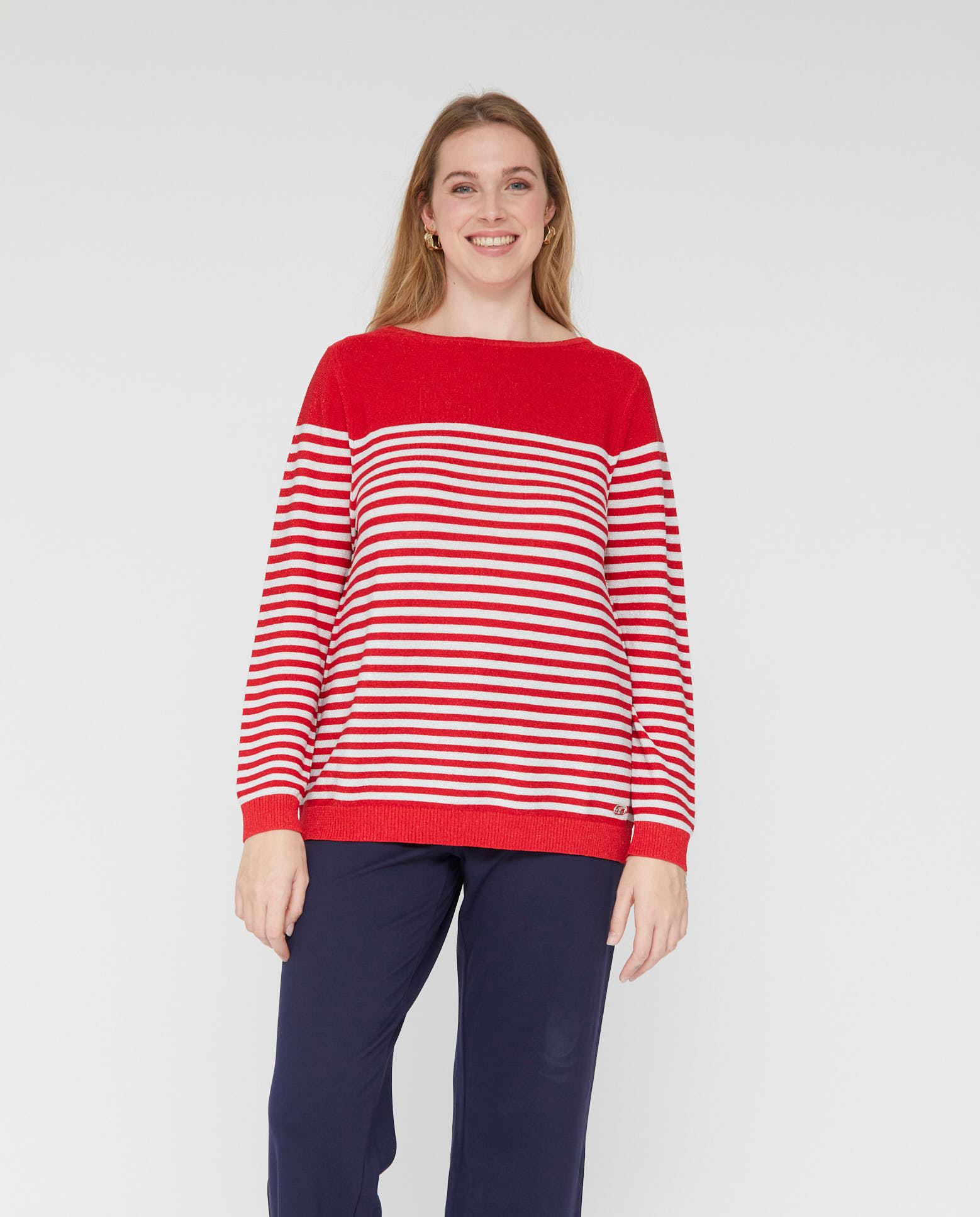 Jersey de mujer rayas cuello barco con hilo metalico - October - Rojo Rojo-1
