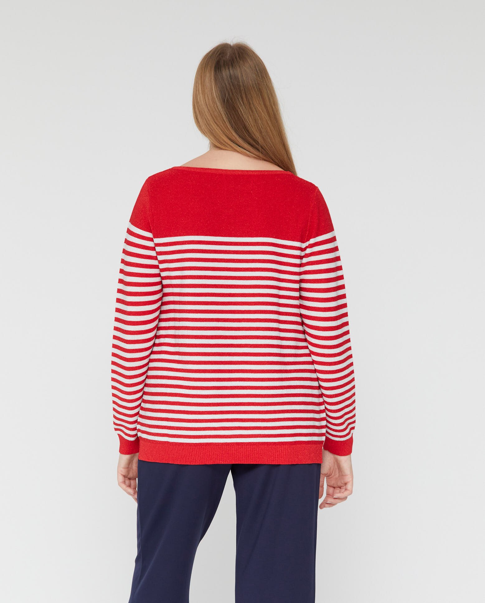Jersey de mujer rayas cuello barco con hilo metalico - October - Rojo Rojo-2