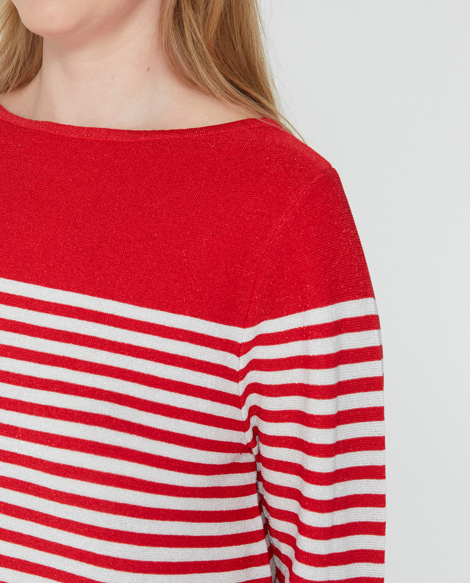 Jersey de mujer rayas cuello barco con hilo metalico - October - Rojo Rojo-3