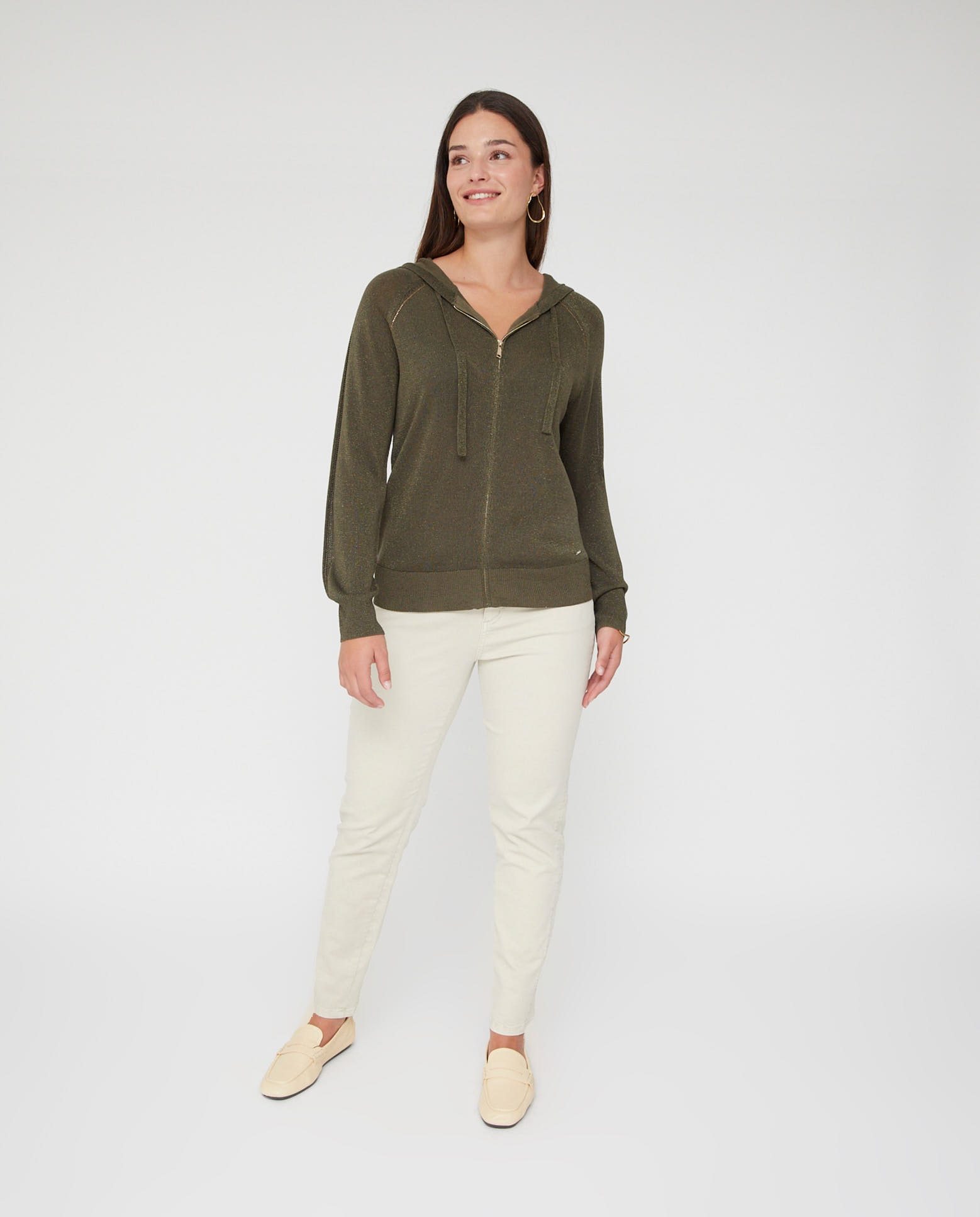 Chaqueta de mujer punto con hilo metalico y strass - October - Kaki Kaki-4