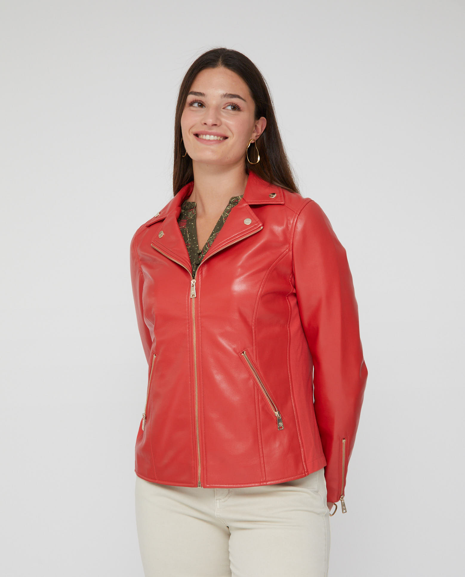 Cazadora de mujer biker efecto piel - October - Coral Coral-1