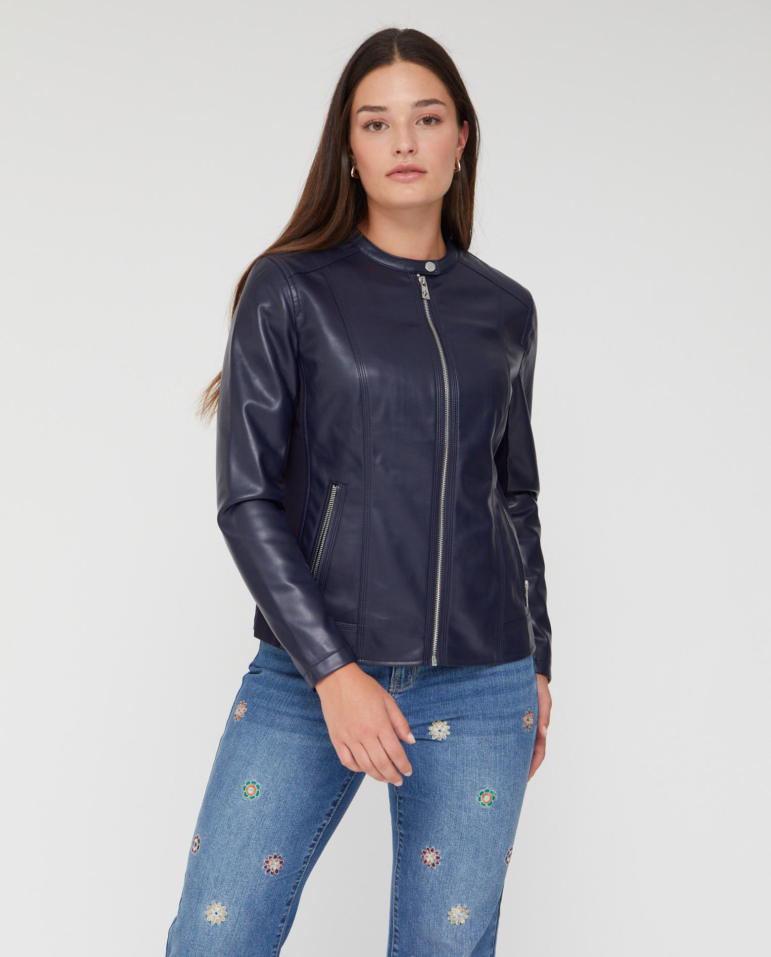 Chaqueta de mujer efecto piel estilo motera - October - Azul marino Azul marino-1