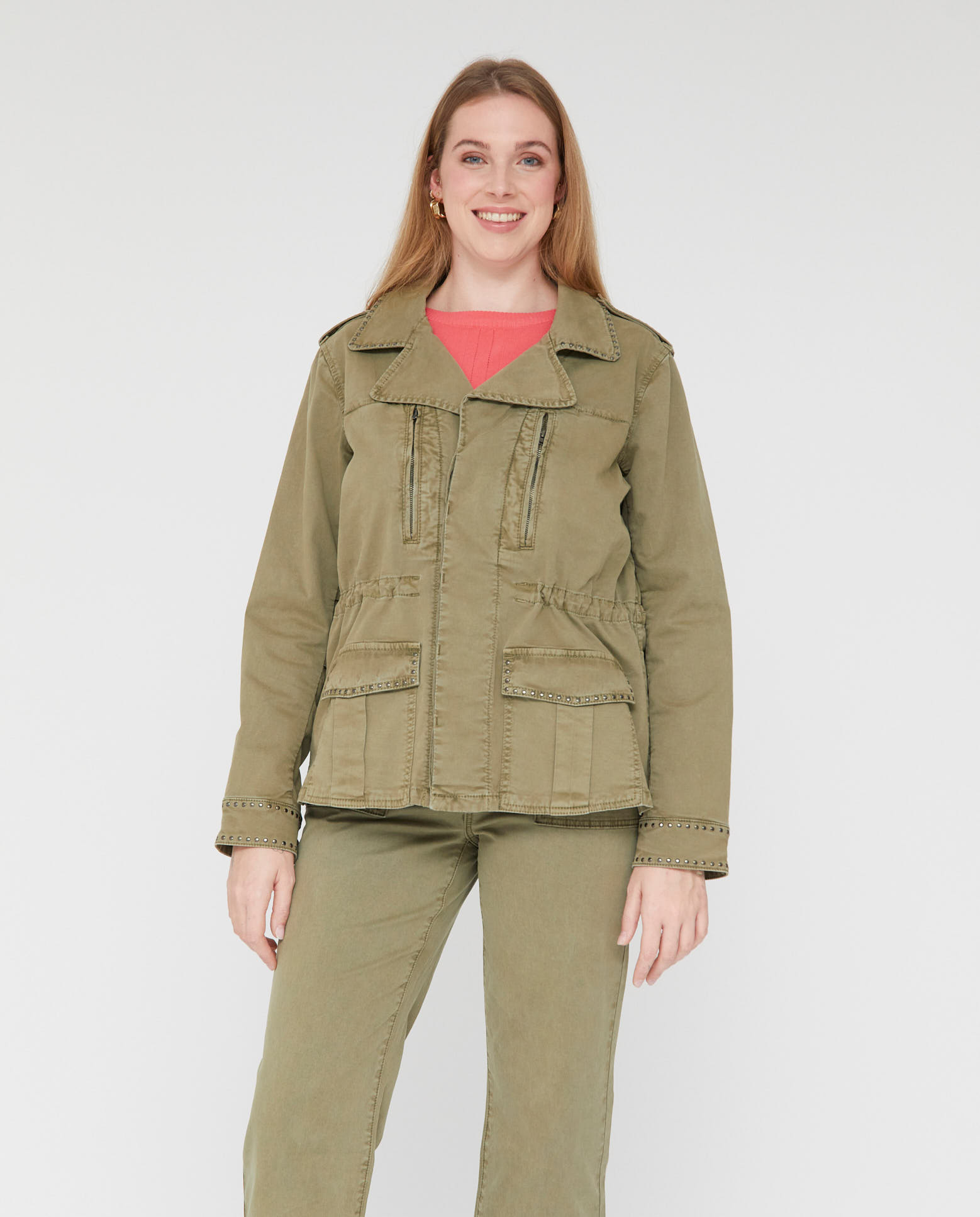 Chaqueta de mujer larga tachas - October - Kaki Kaki-1
