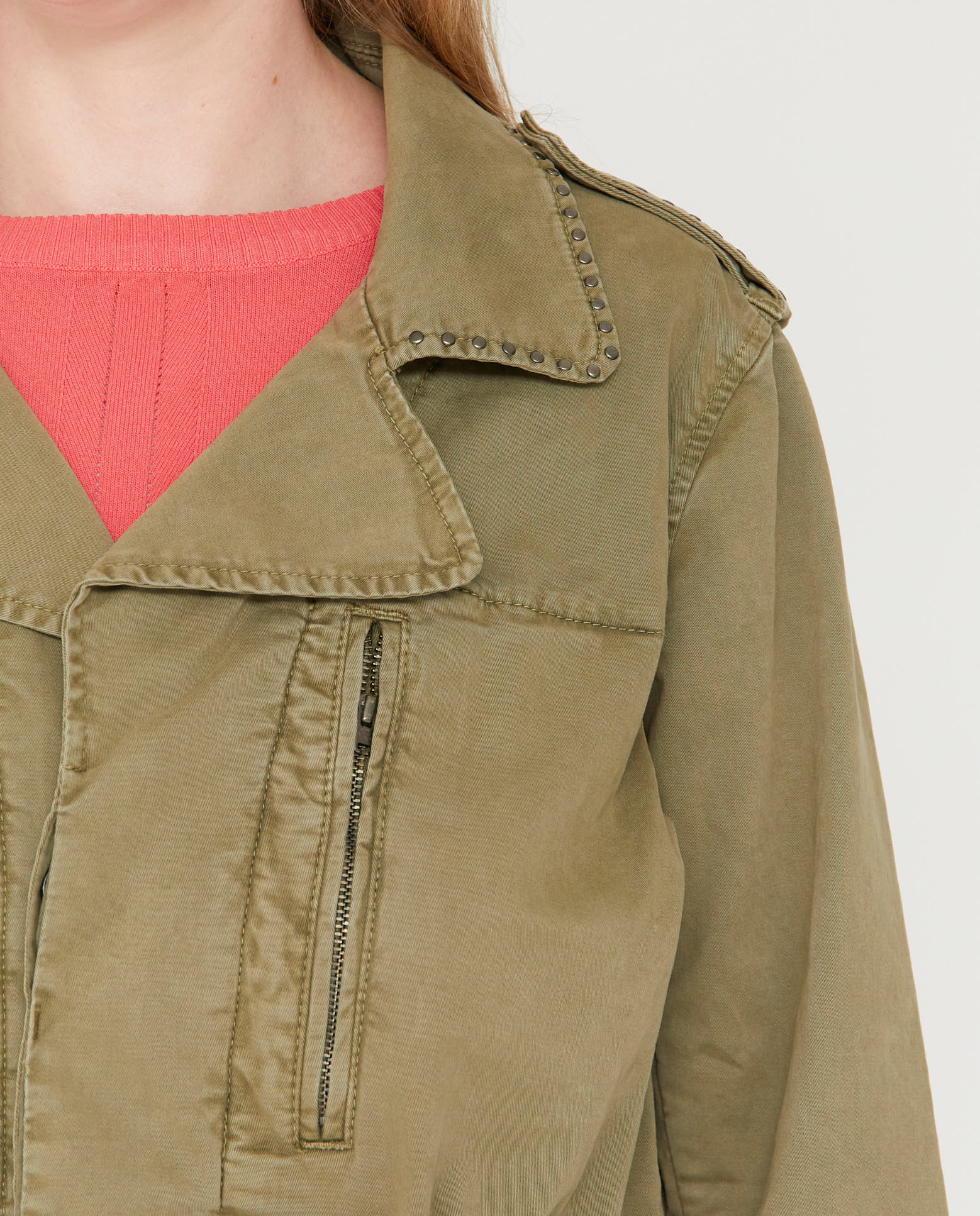 Chaqueta de mujer larga tachas - October - Kaki Kaki-3
