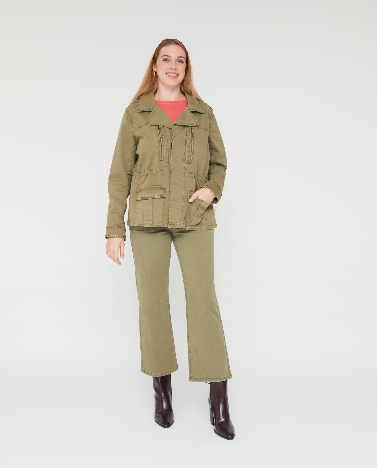 Chaqueta de mujer larga tachas - October - Kaki Kaki-4