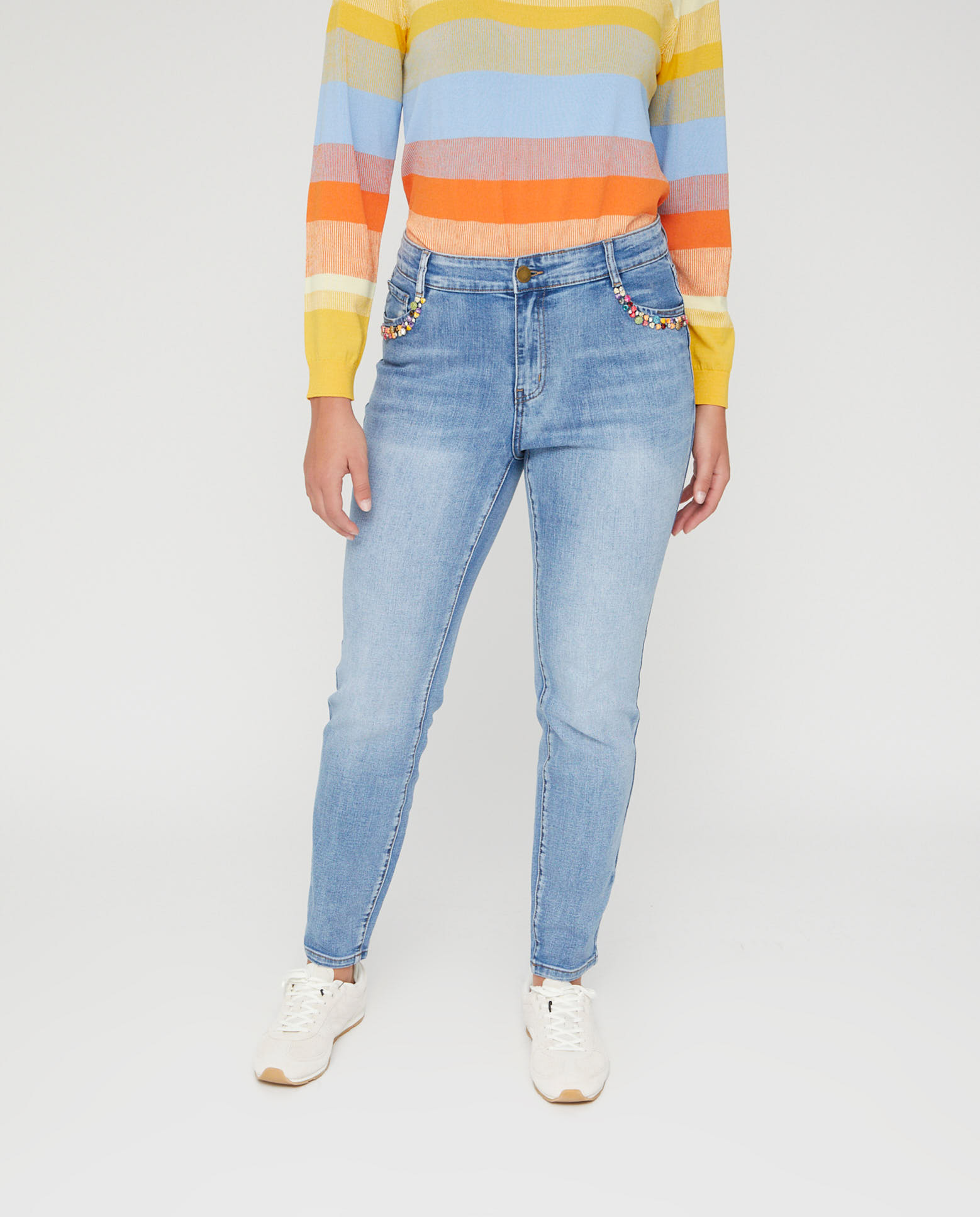 Pantalón de mujer denim push up con aplicacion piedras - October - Azul Azul-4