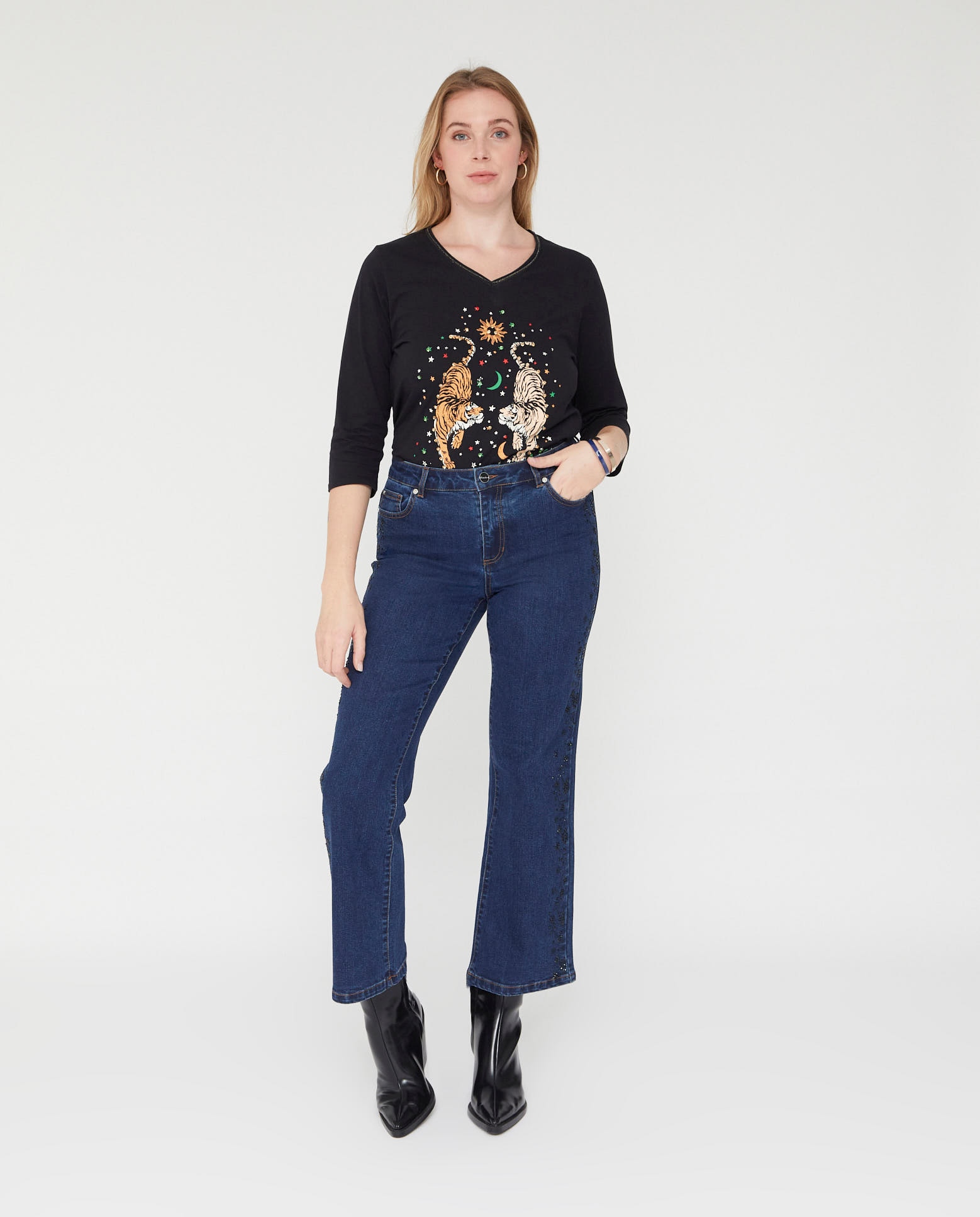 Vaquero de mujer denim con aplicación de strass - October - Azul Azul-1