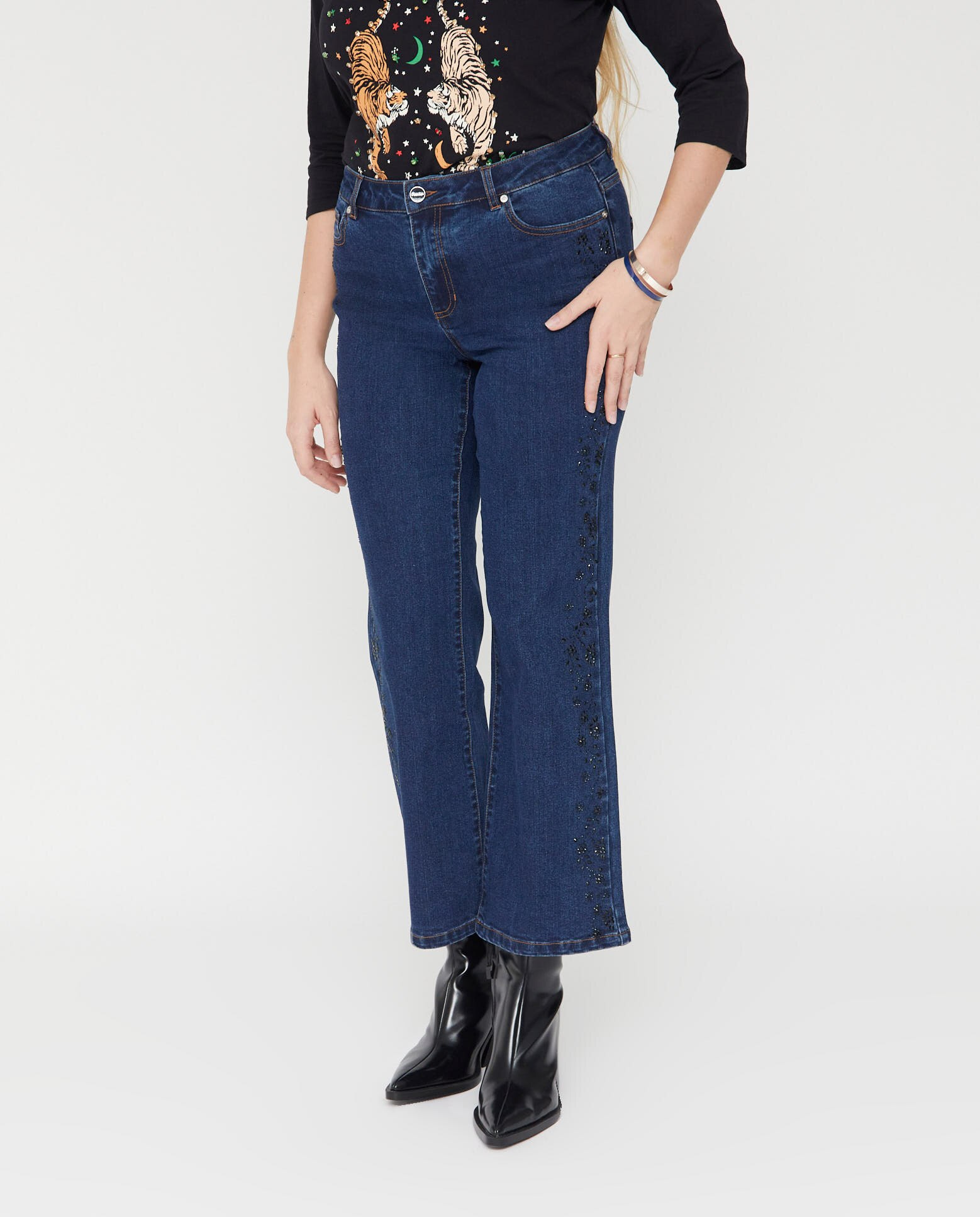 Vaquero de mujer denim con aplicación de strass - October - Azul Azul-4