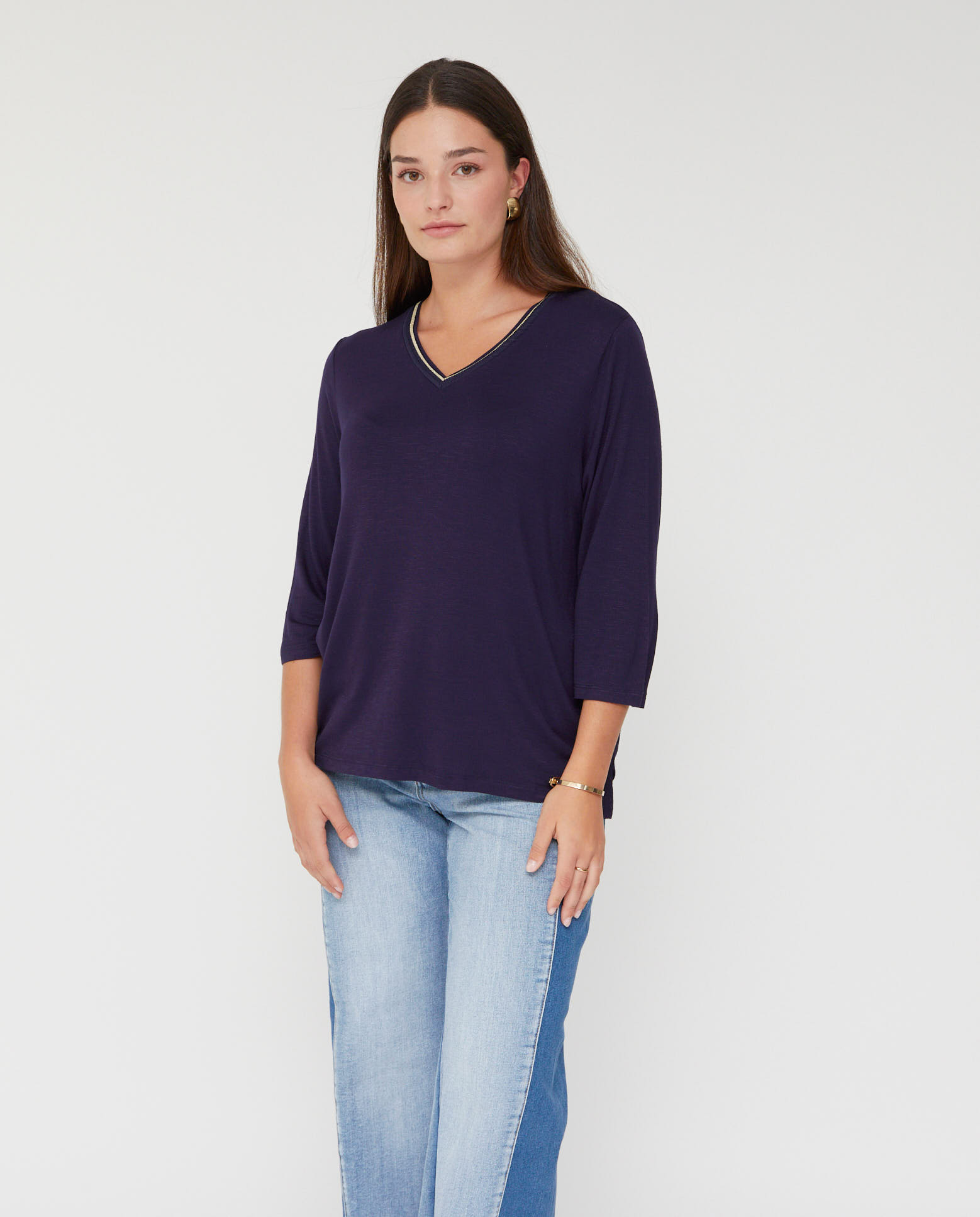 Imagen 0 de Camiseta de mujer escote pico con hilo metalico Azul marino
