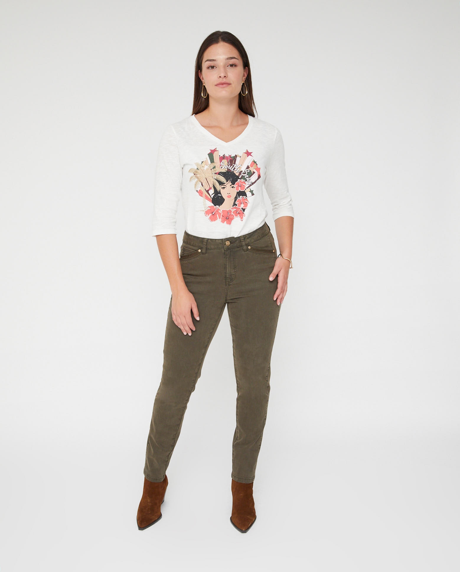 Pantalones rectos de mujer lavado 5 bolsillos bordado al tono - October - Kaki Kaki-1