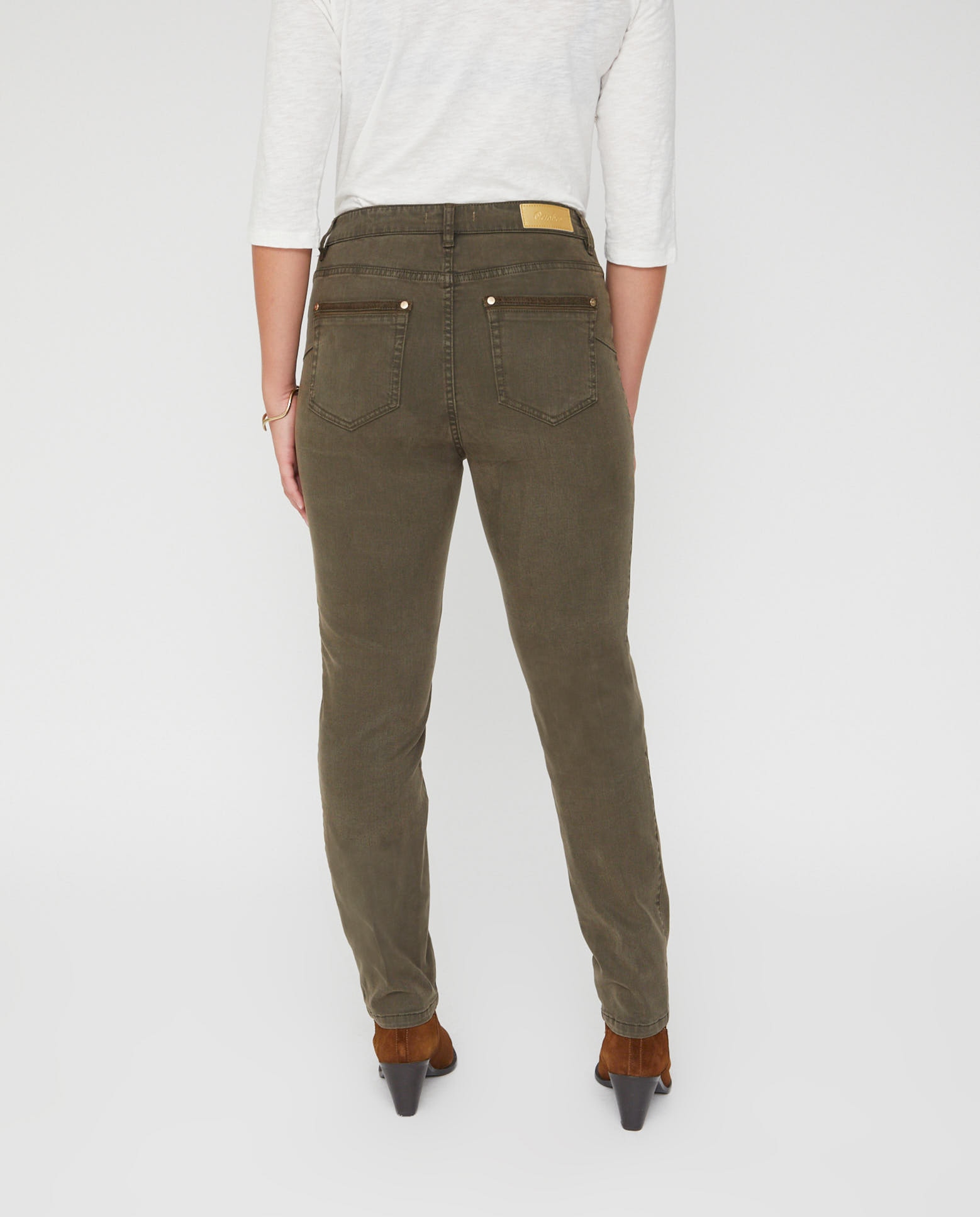 Pantalones rectos de mujer lavado 5 bolsillos bordado al tono - October - Kaki Kaki-2