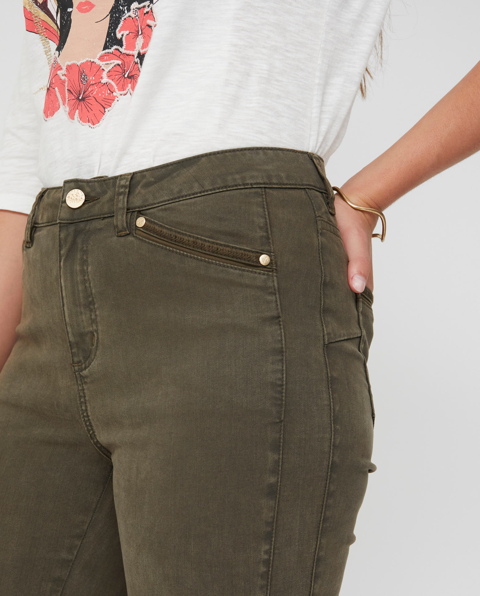 Pantalones rectos de mujer lavado 5 bolsillos bordado al tono - October - Kaki Kaki-3