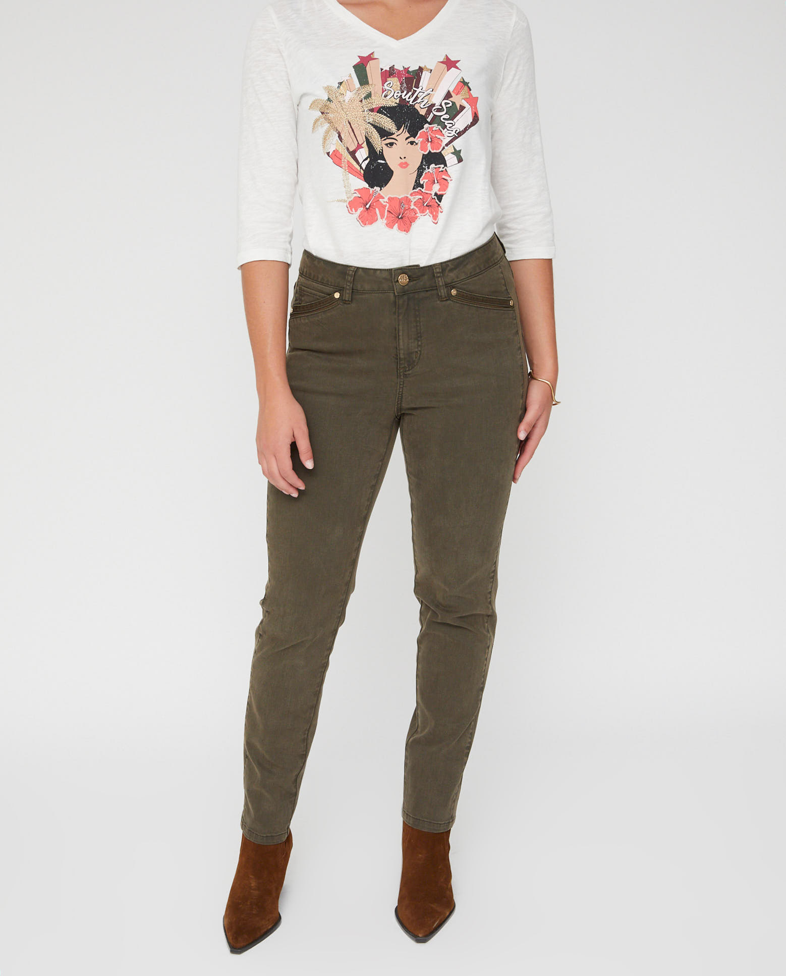 Pantalones rectos de mujer lavado 5 bolsillos bordado al tono - October - Kaki Kaki-4