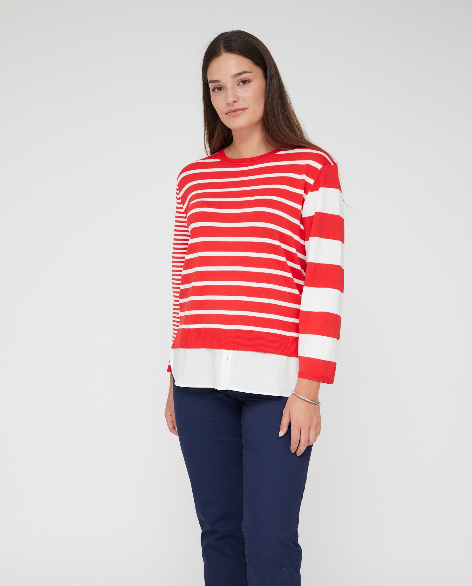Jersey de mujer de rayas combinadas con faldon - October - Rojo Rojo-1