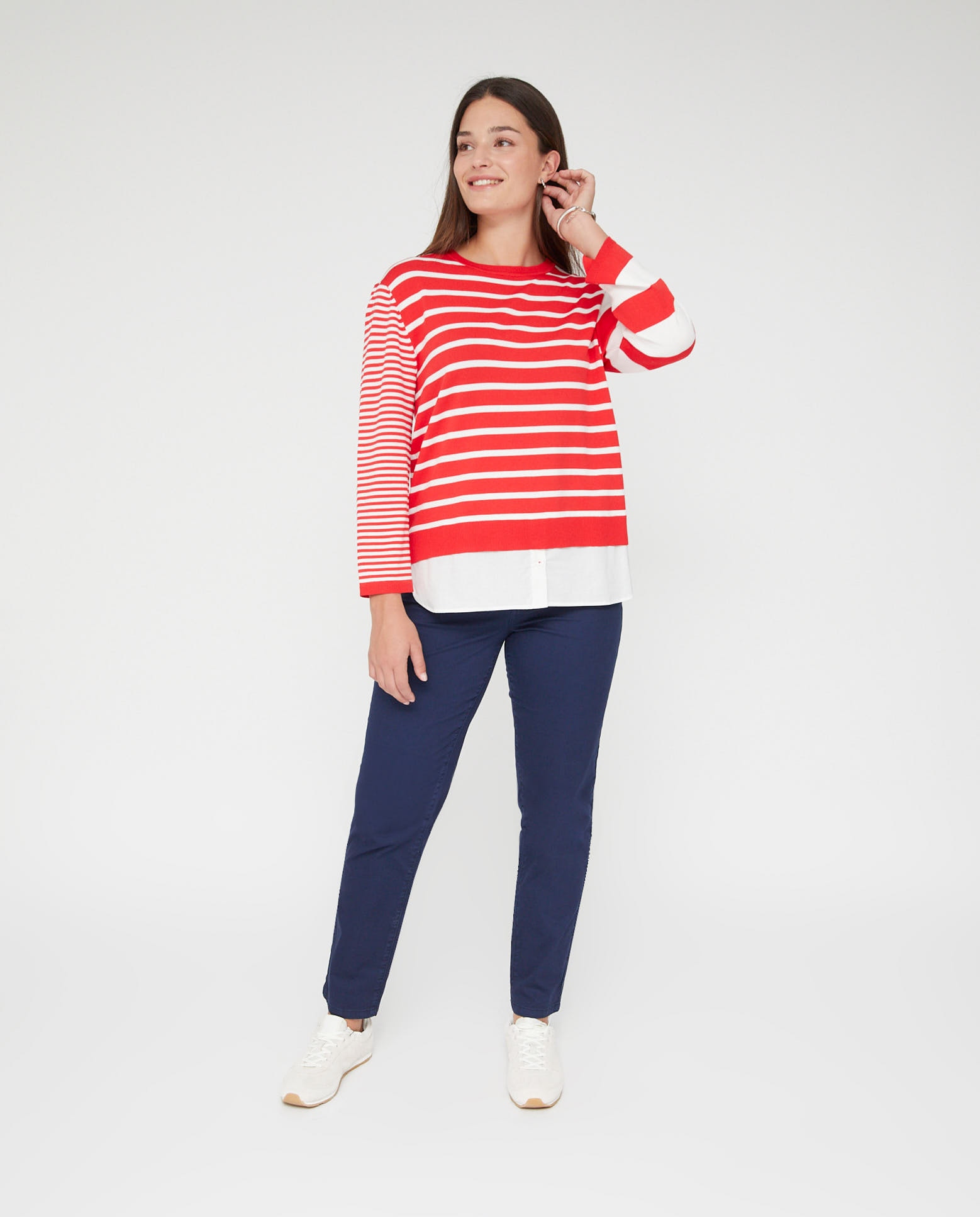 Jersey de mujer de rayas combinadas con faldon - October - Rojo Rojo-4