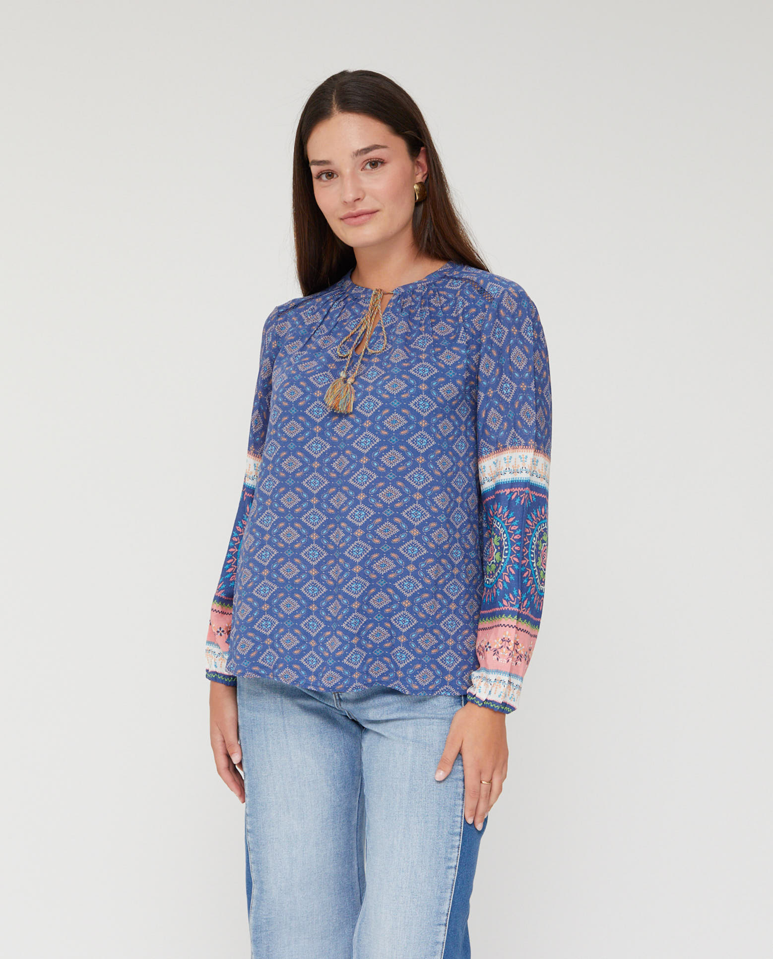 Blusa de mujer estampada cuello redondo manga 3/4 - October - Azul Azul-1