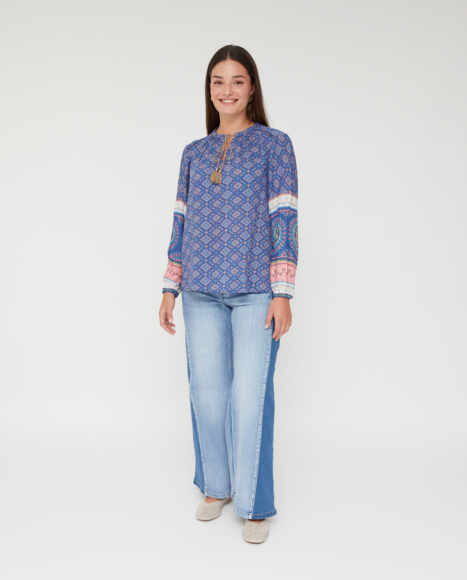 Blusa de mujer estampada cuello redondo manga 3/4 - October - Azul Azul-4