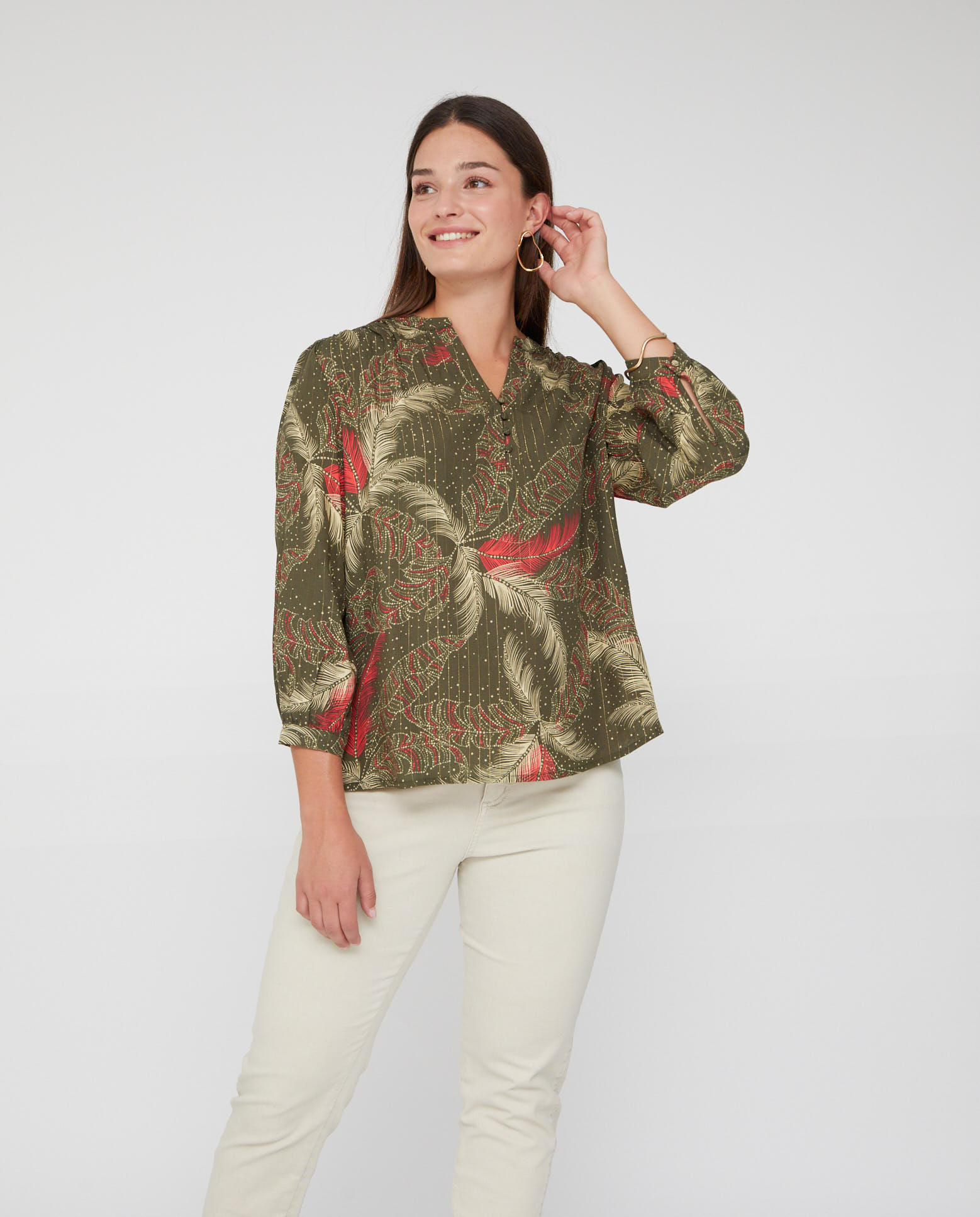 Blusa de mujer estampada hilo metalizado manga 3/4 - October - Kaki Kaki-1