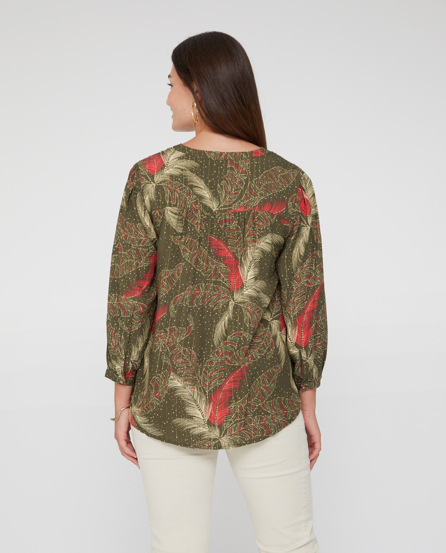 Blusa de mujer estampada hilo metalizado manga 3/4 - October - Kaki Kaki-2