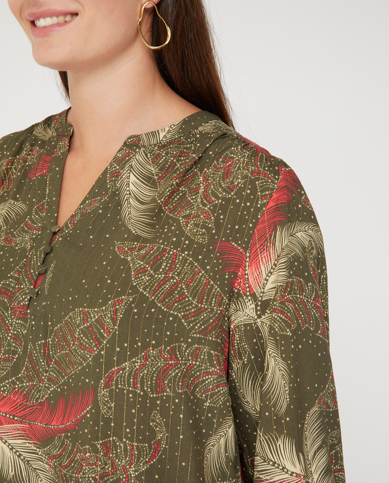 Blusa de mujer estampada hilo metalizado manga 3/4 - October - Kaki Kaki-3