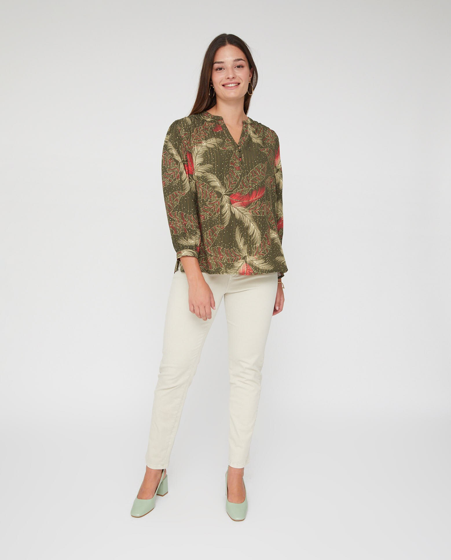 Blusa de mujer estampada hilo metalizado manga 3/4 - October - Kaki Kaki-4