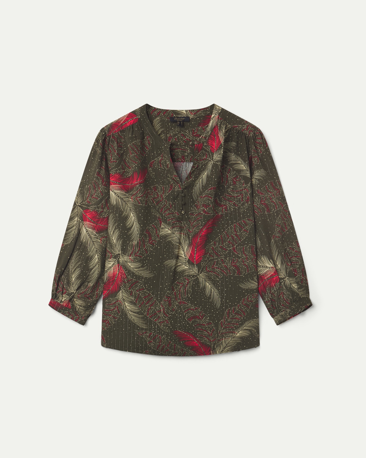 Blusa de mujer estampada hilo metalizado manga 3/4 - October - Kaki Kaki-5