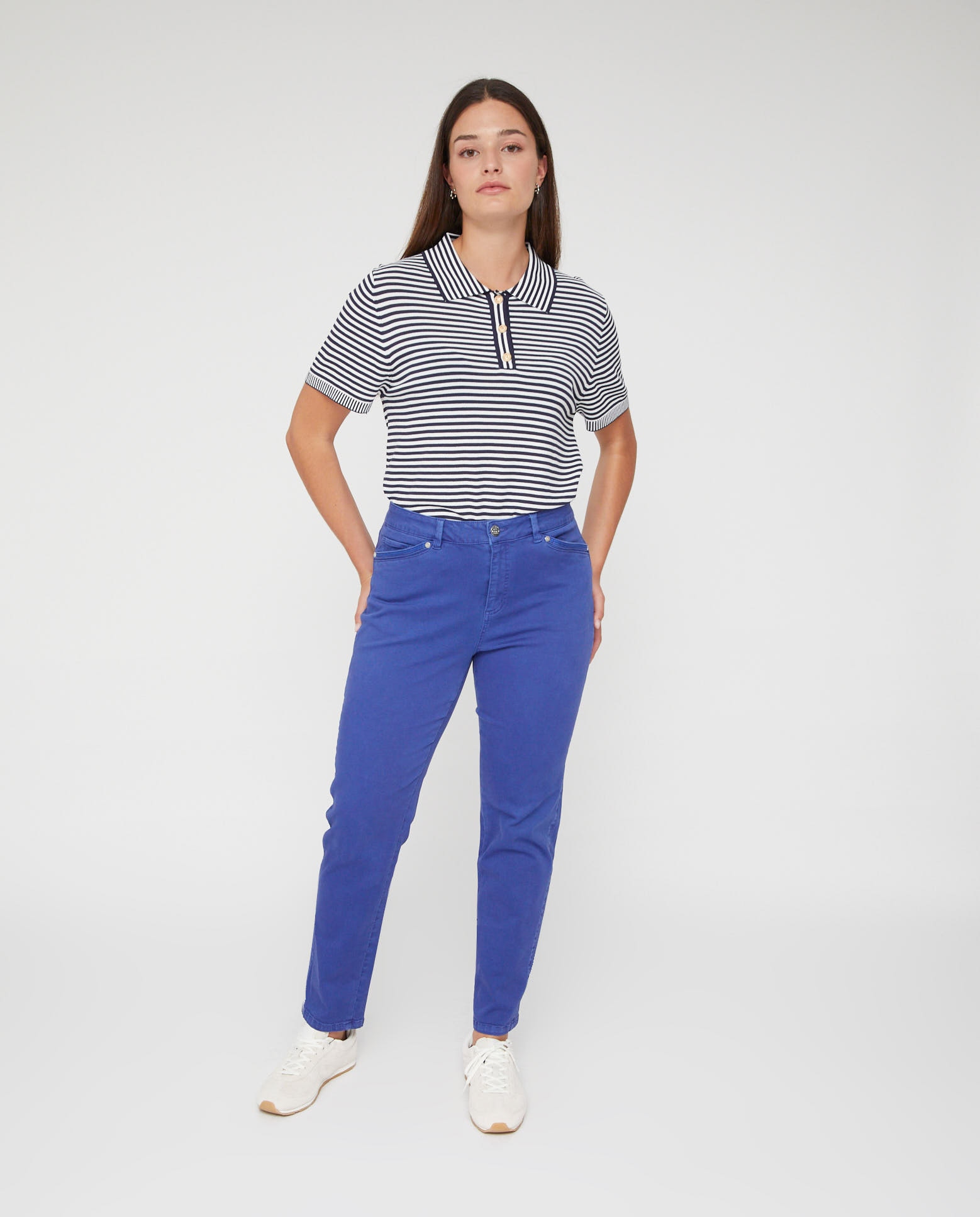 Pantalones rectos de mujer lavado cinco bolsillos bordado al tono - October - Azul Azul-1