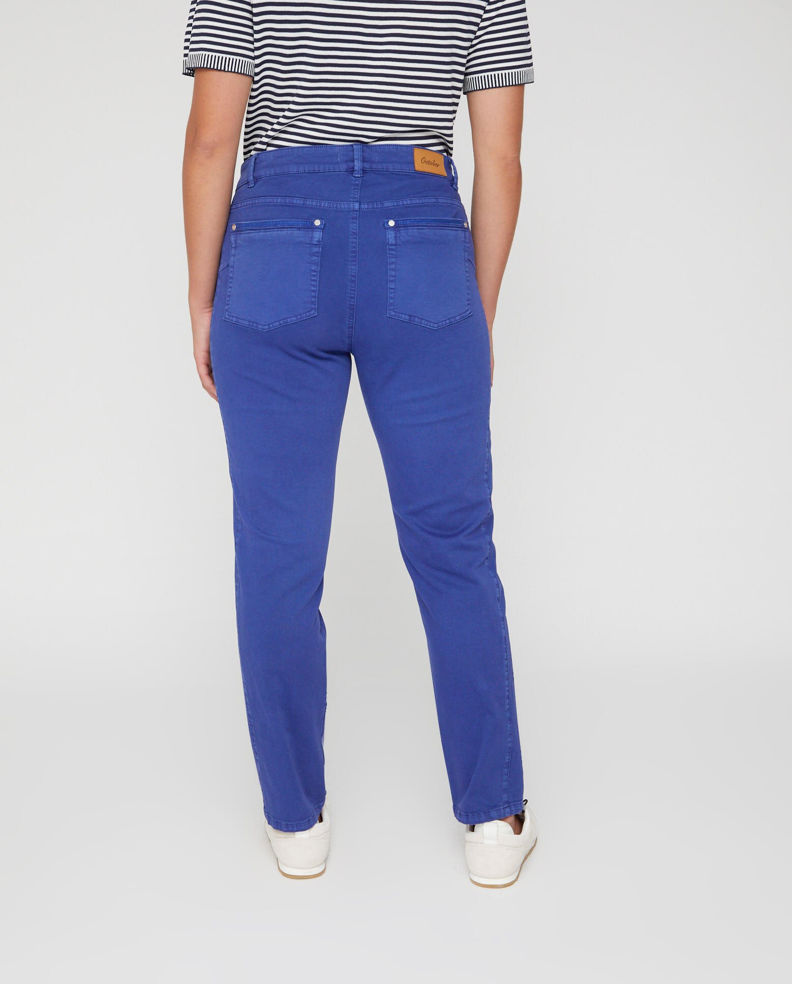 Pantalones rectos de mujer lavado cinco bolsillos bordado al tono - October - Azul Azul-2