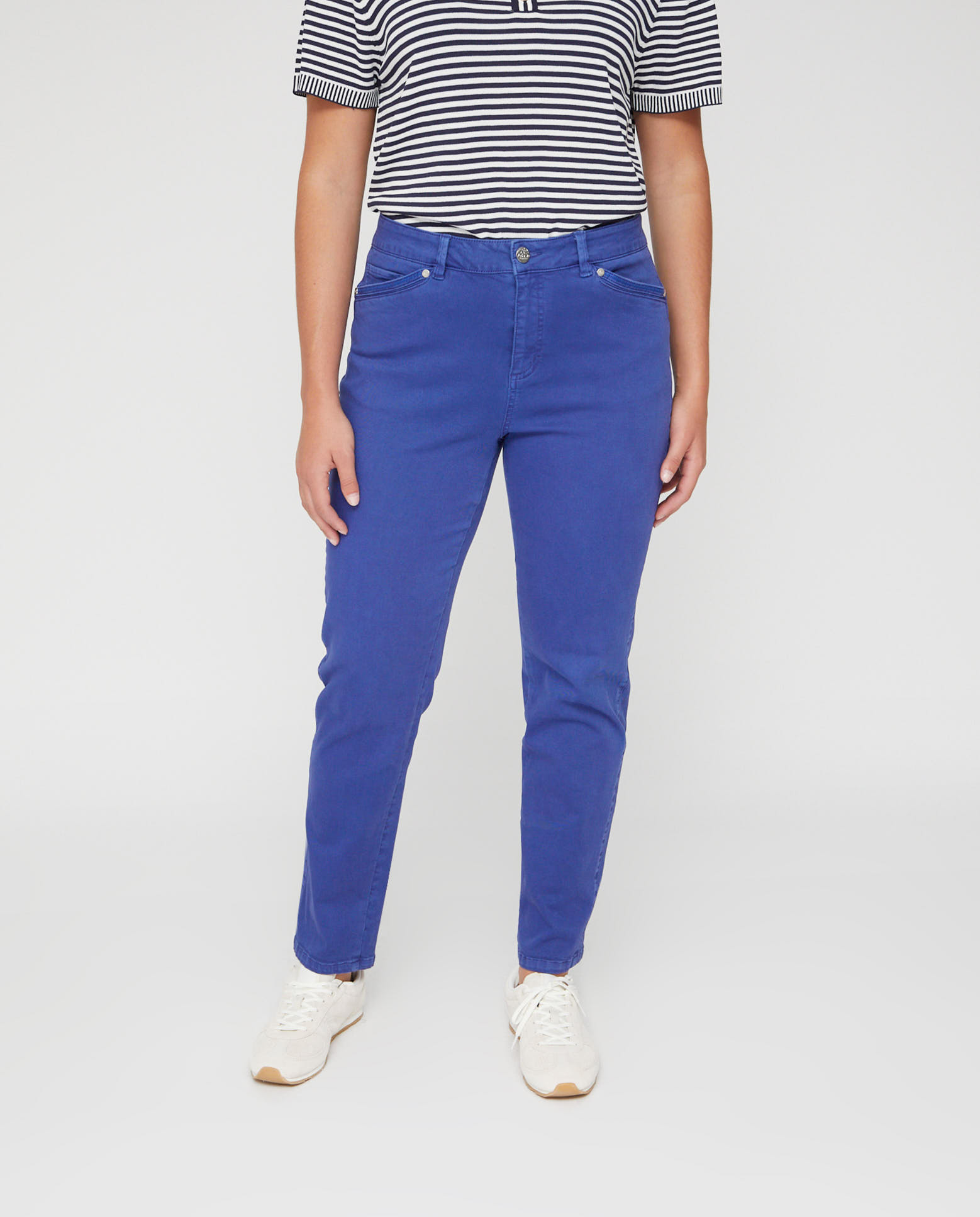 Pantalones rectos de mujer lavado cinco bolsillos bordado al tono - October - Azul Azul-4