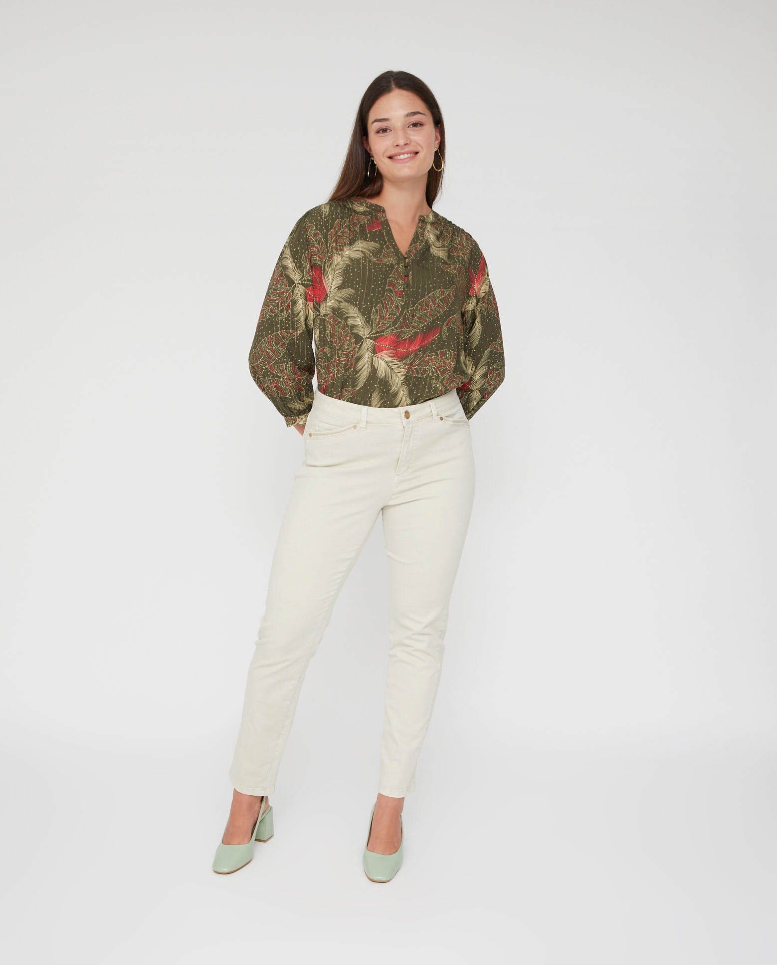 Pantalones rectos de mujer lavado cinco bolsillos bordado al tono - October - Beige Beige-1