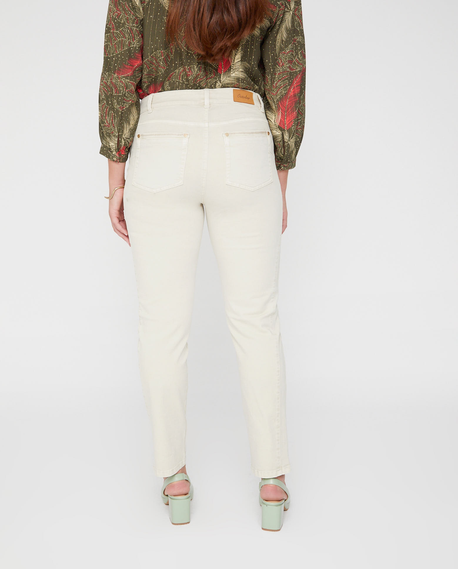 Pantalones rectos de mujer lavado cinco bolsillos bordado al tono - October - Beige Beige-2