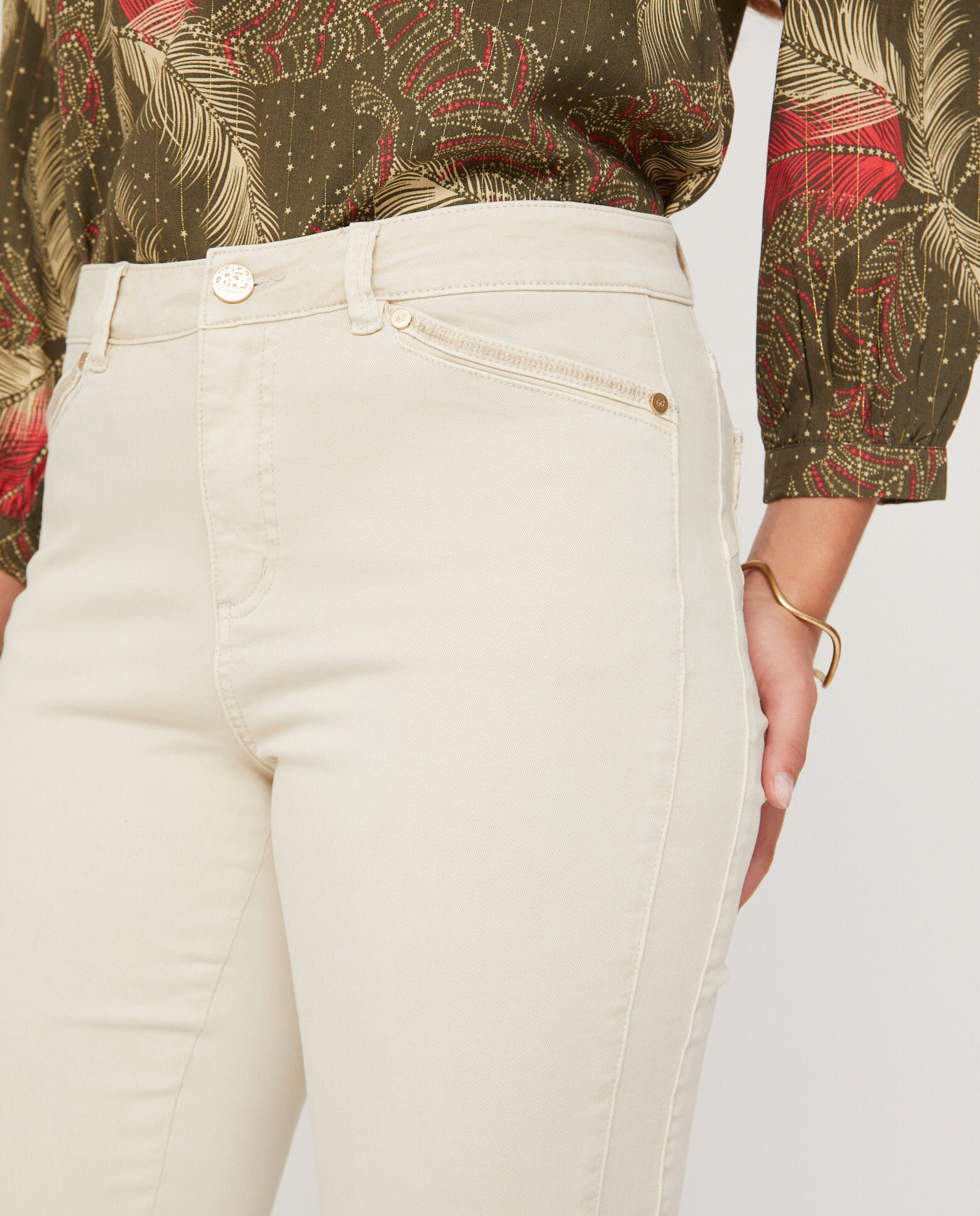 Pantalones rectos de mujer lavado cinco bolsillos bordado al tono - October - Beige Beige-3