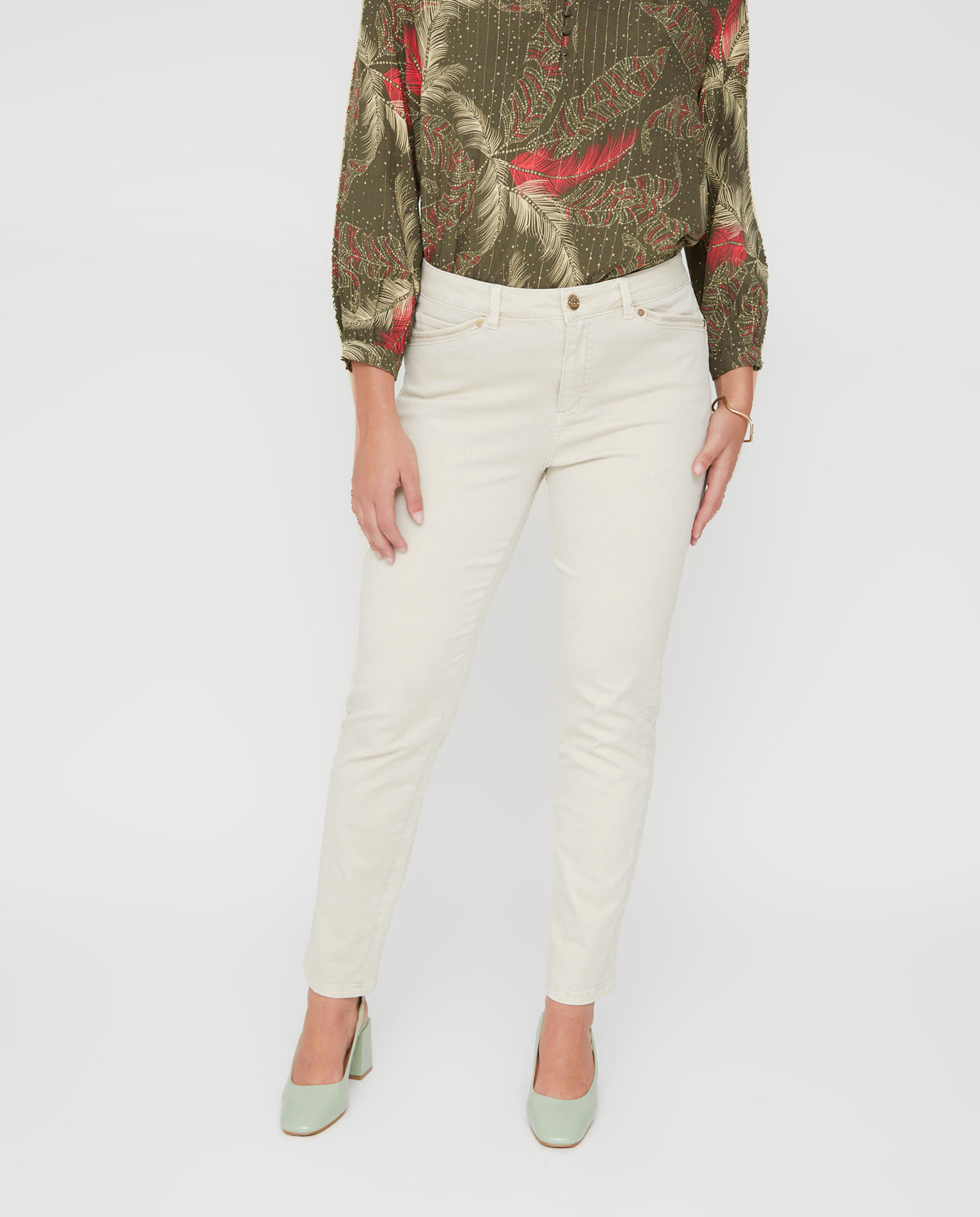 Pantalones rectos de mujer lavado cinco bolsillos bordado al tono - October - Beige Beige-4