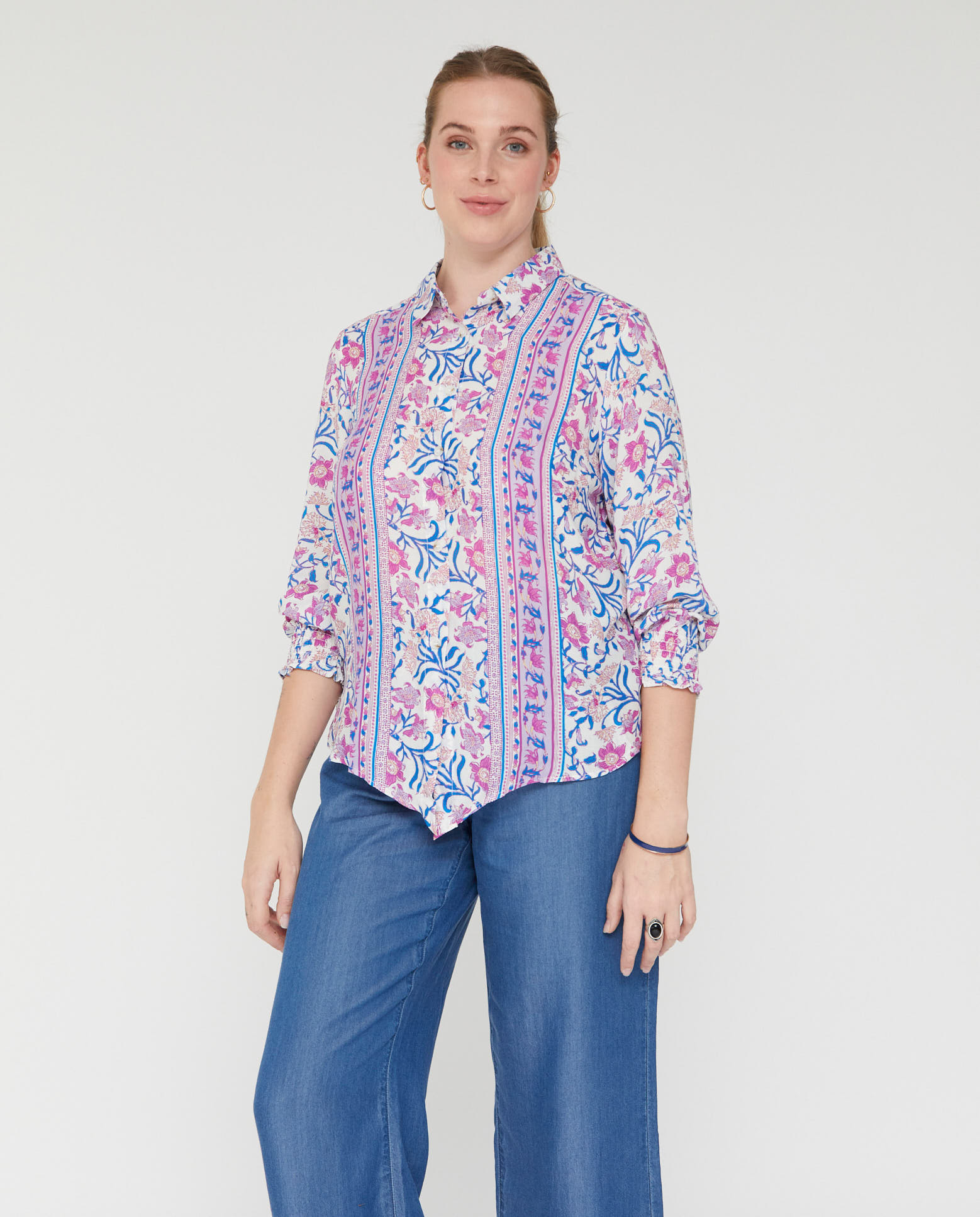 Blusa de mujer cuello solapa y nudo - October - Azul / Blanco Azul / Blanco-1