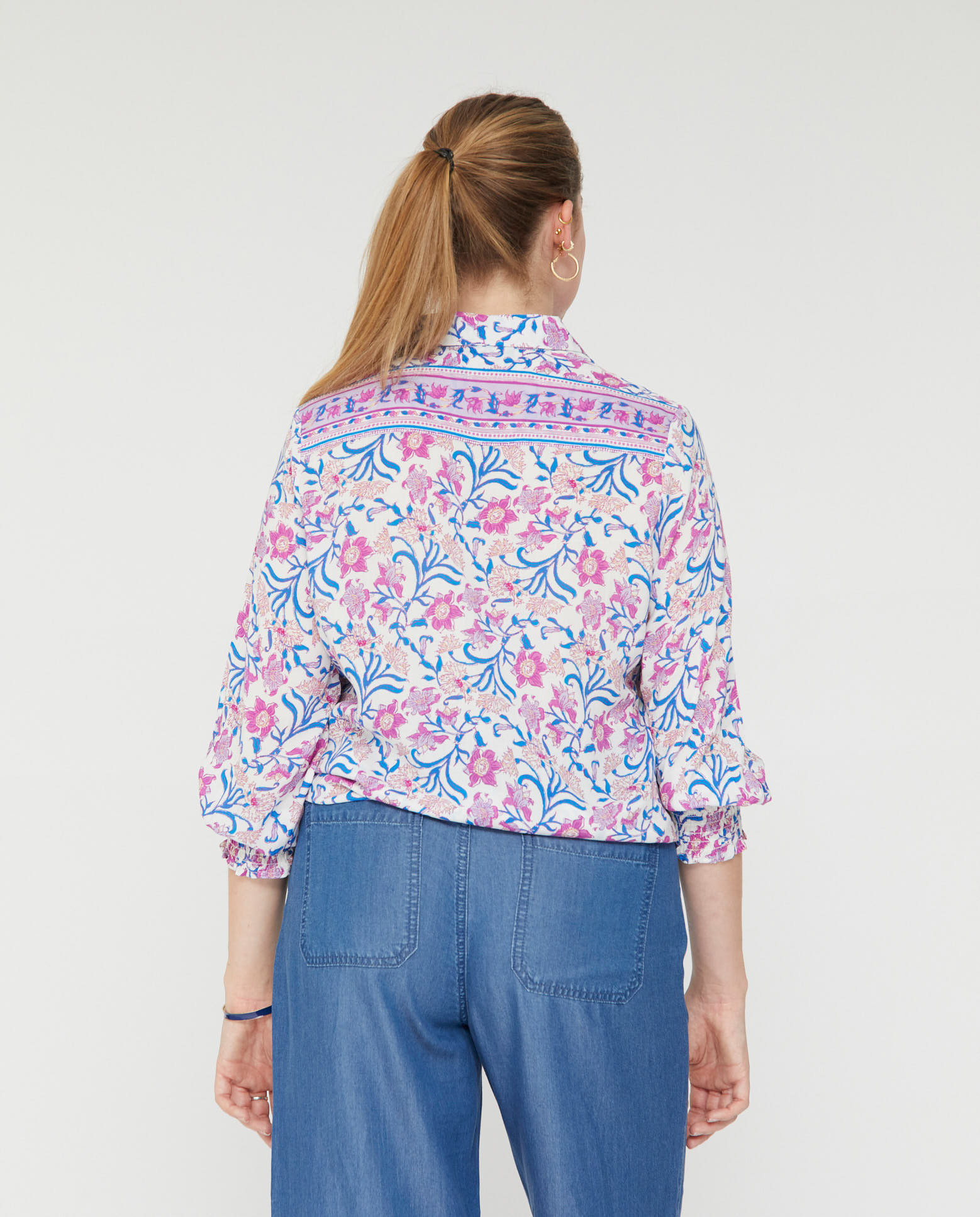 Blusa de mujer cuello solapa y nudo - October - Azul / Blanco Azul / Blanco-2