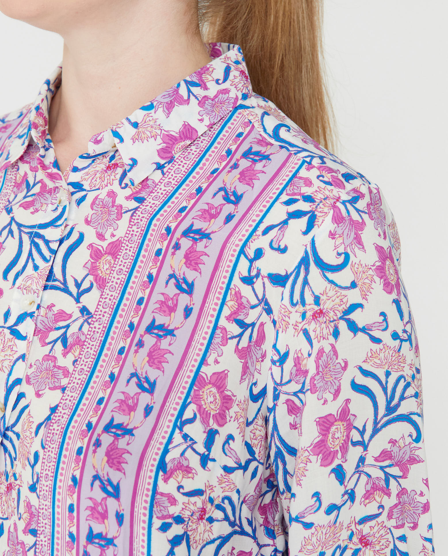 Blusa de mujer cuello solapa y nudo - October - Azul / Blanco Azul / Blanco-3