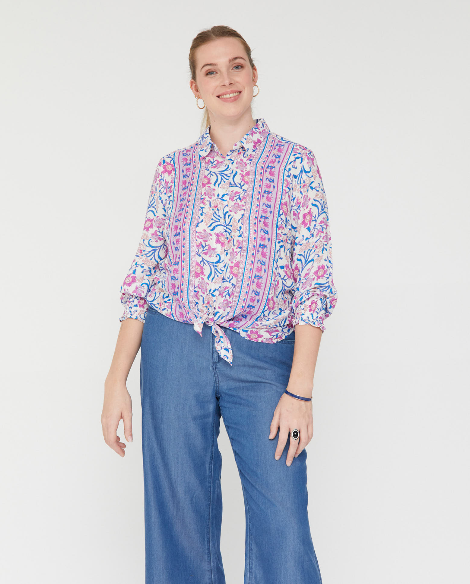 Blusa de mujer cuello solapa y nudo - October - Azul / Blanco Azul / Blanco-5