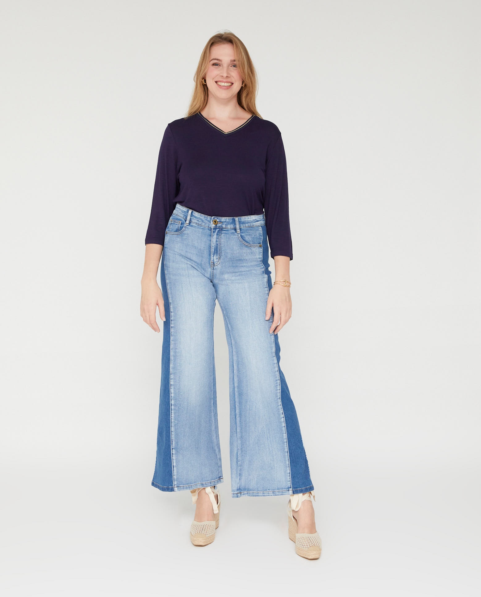 Imagen 0 de Vaqueros rectos de mujer denim pieza lateral en color contraste Azul claro / Azul marino