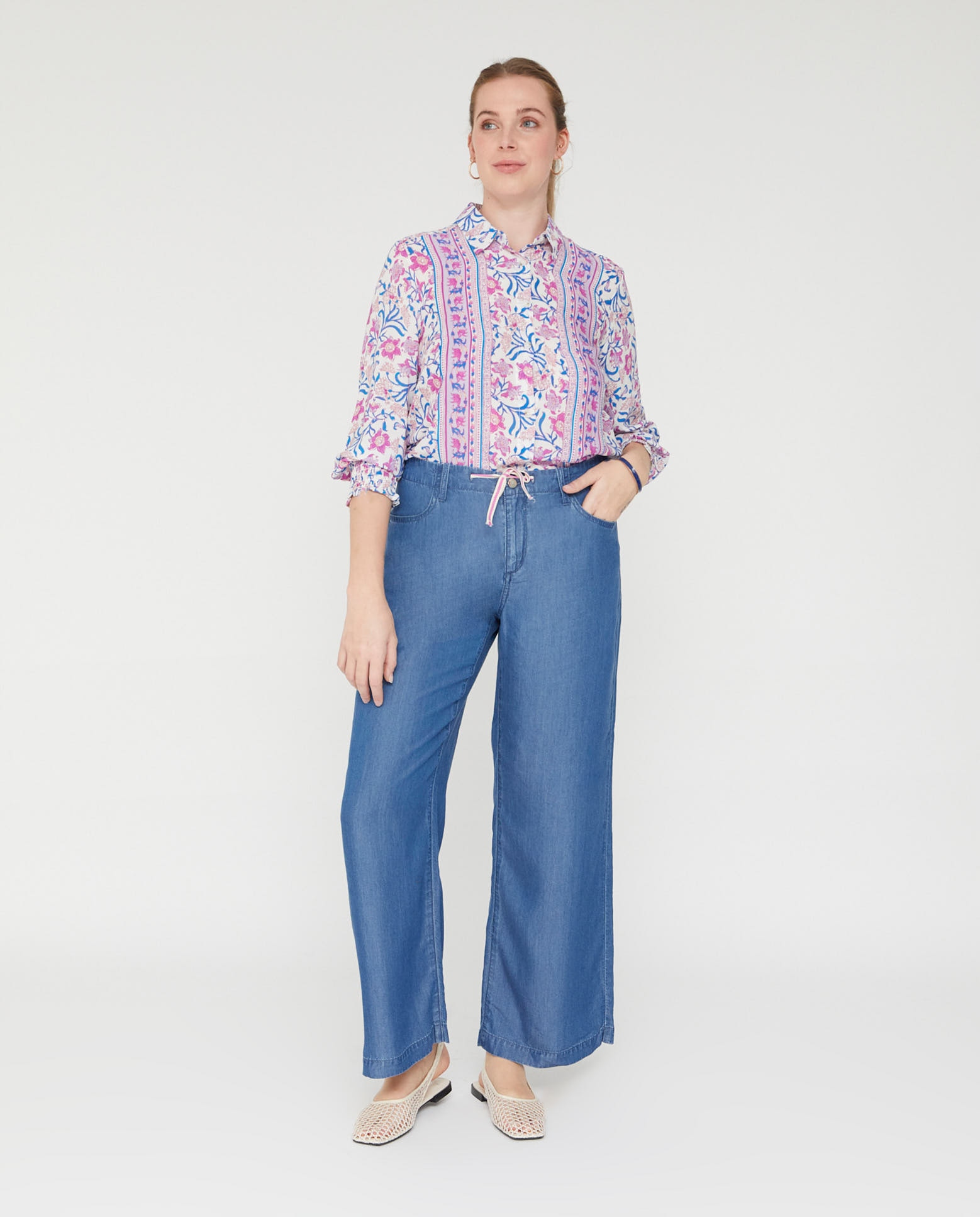 Vaqueros rectos de mujer de tencel con cordon decorativo - October - Azul Azul-1