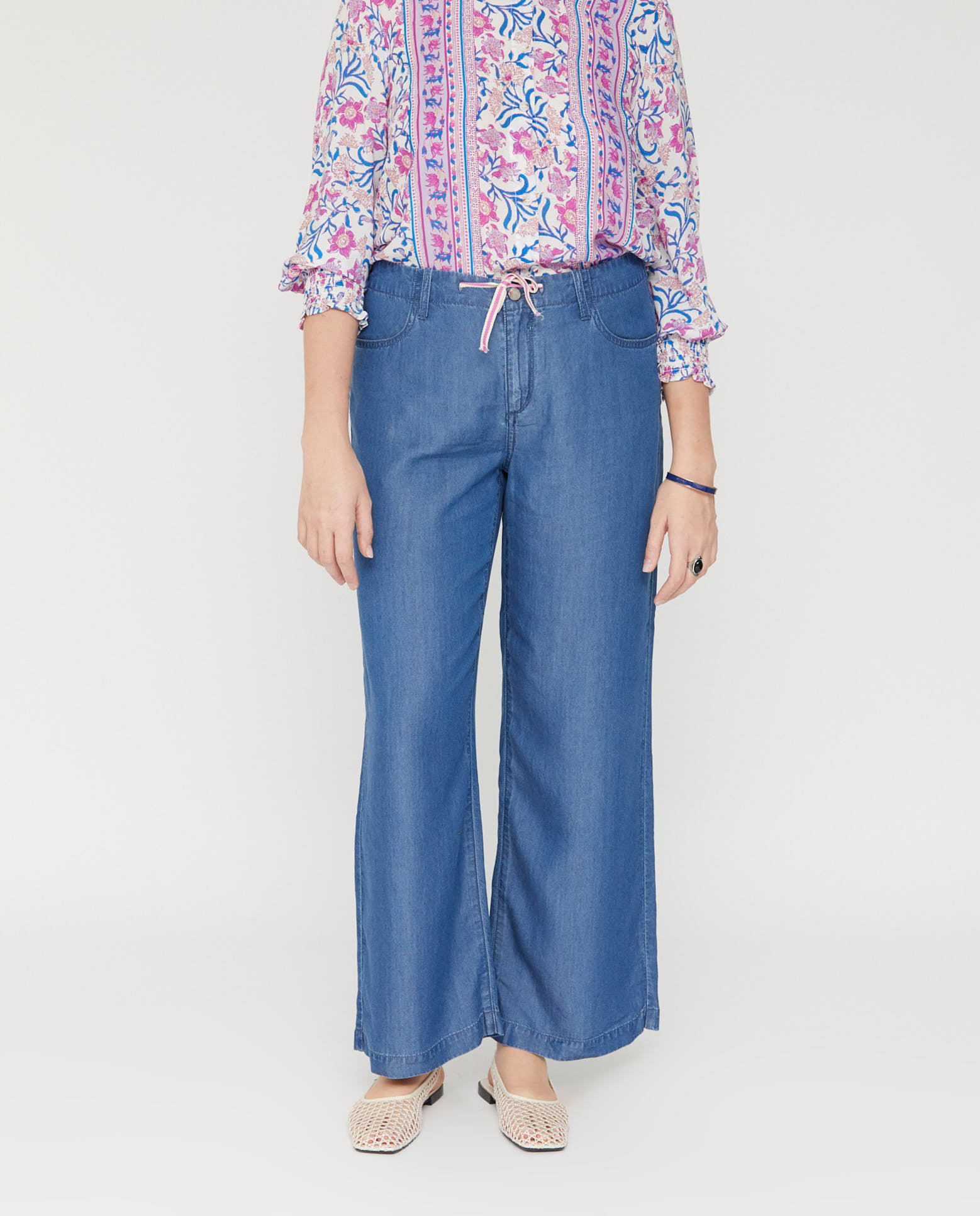 Vaqueros rectos de mujer de tencel con cordon decorativo - October - Azul Azul-4