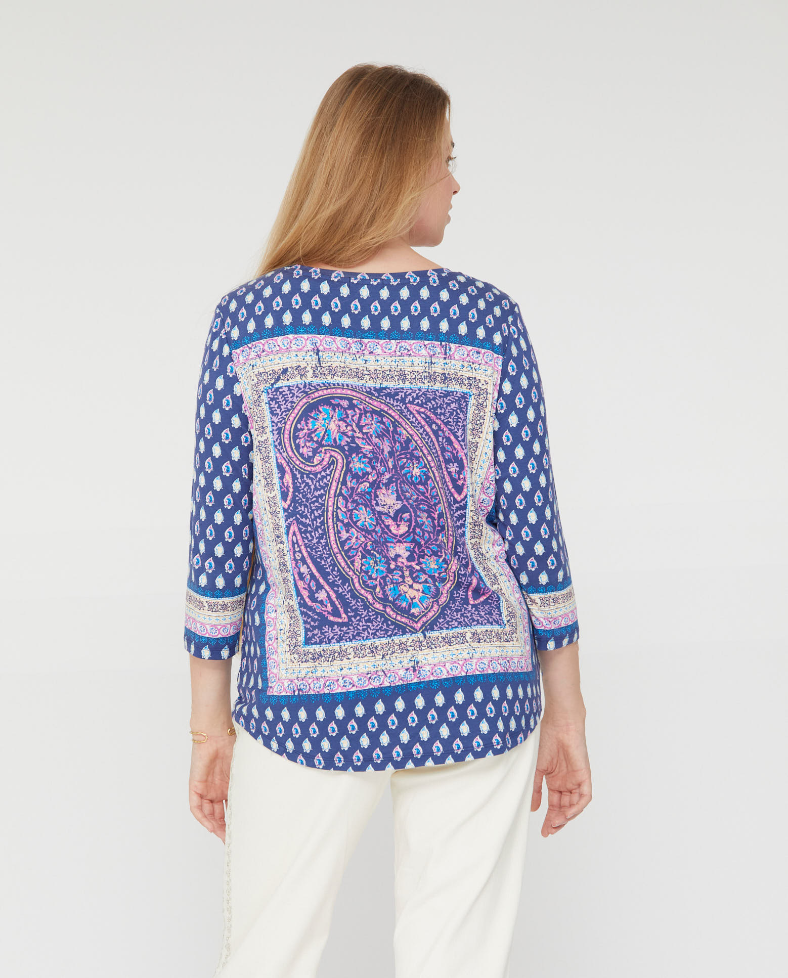 Camiseta de mujer boho estampada manga tres cuartos - October - Azul Azul-2