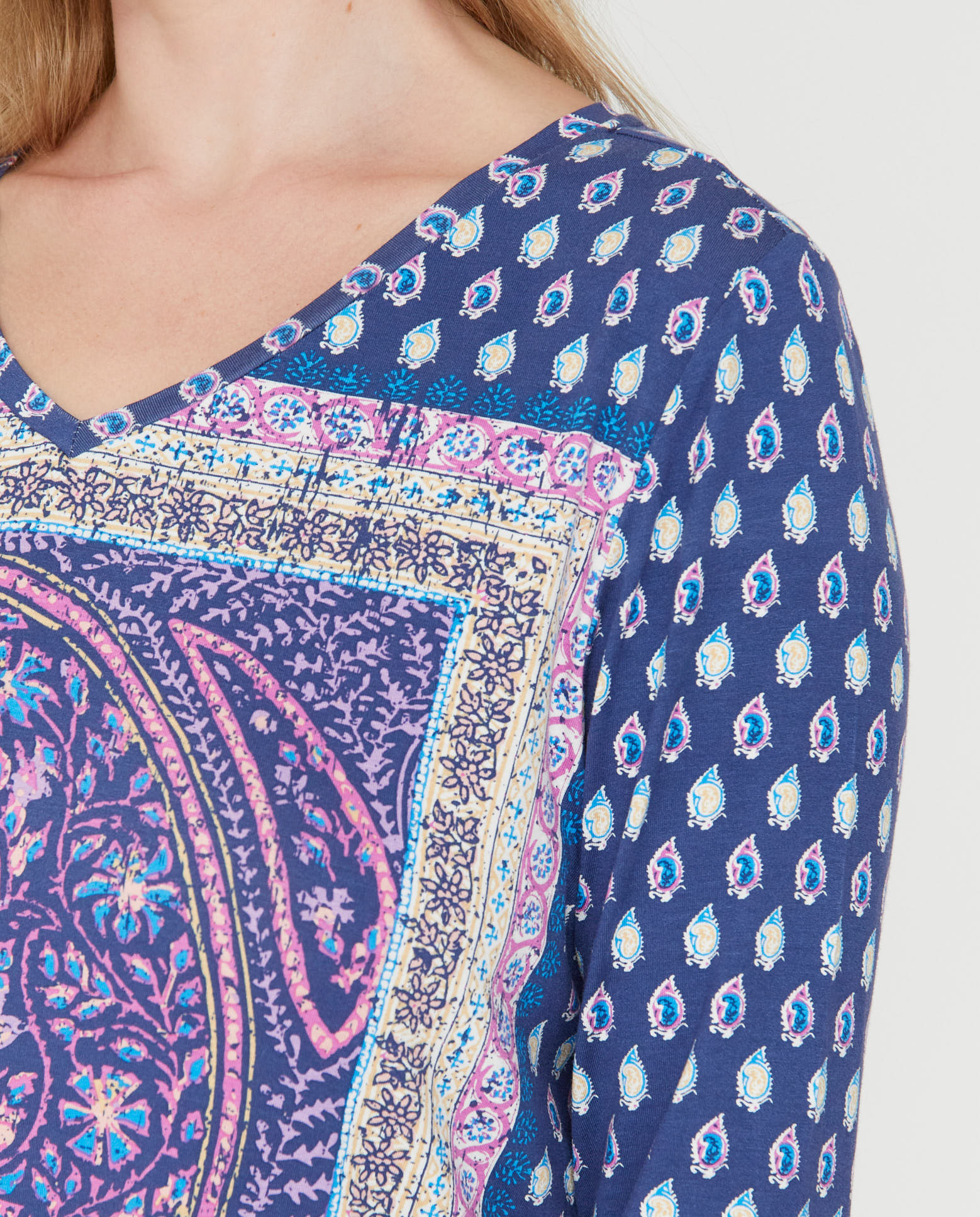 Camiseta de mujer boho estampada manga tres cuartos - October - Azul Azul-3