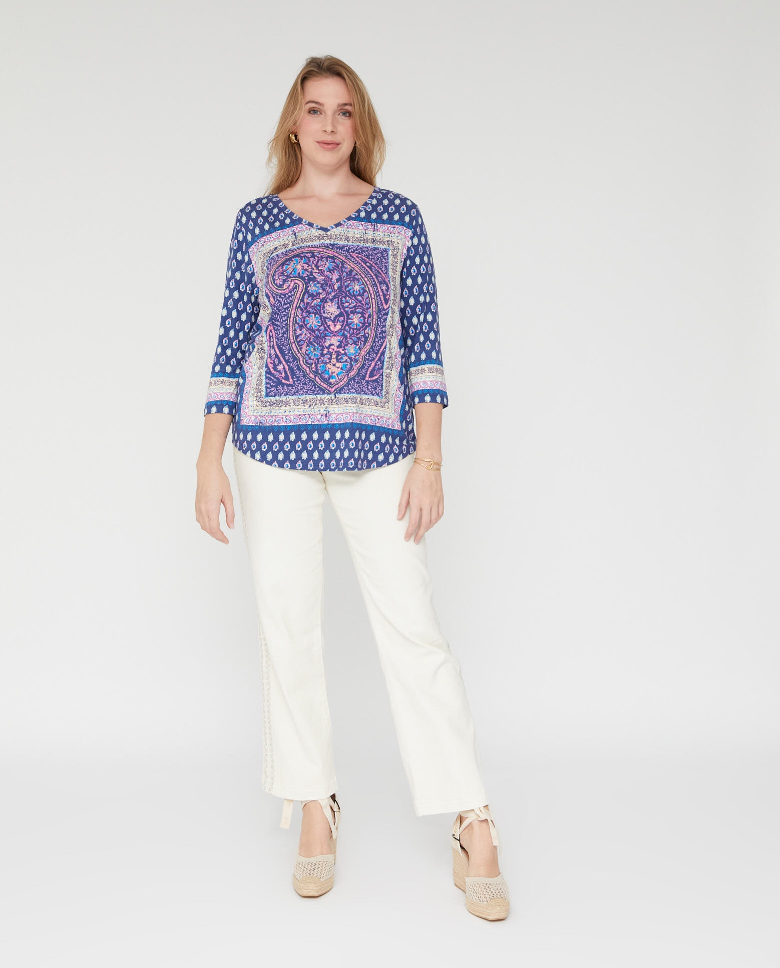 Camiseta de mujer boho estampada manga tres cuartos - October - Azul Azul-4