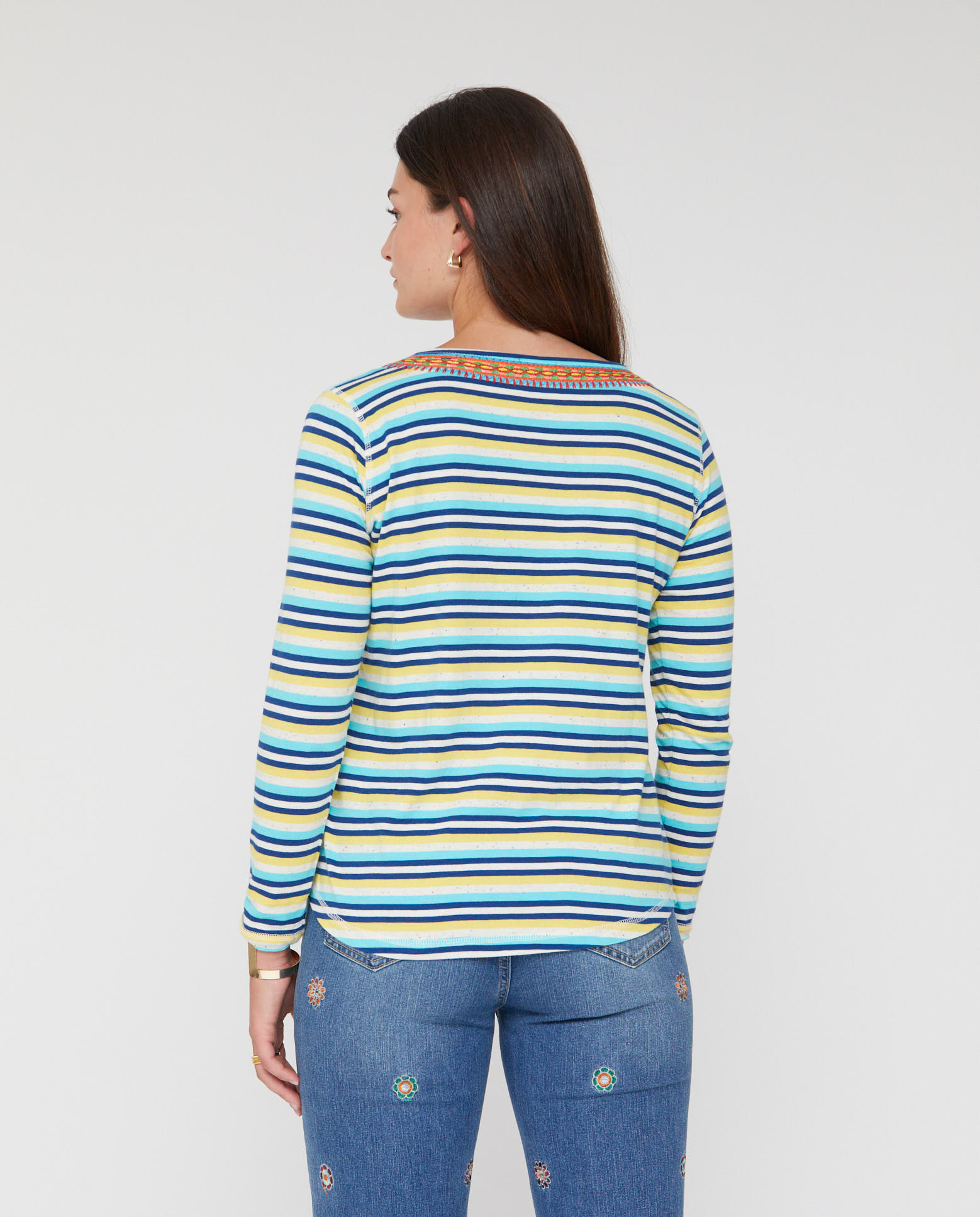 Camiseta de mujer rayas bordado en cuello - October - Azul Azul-2