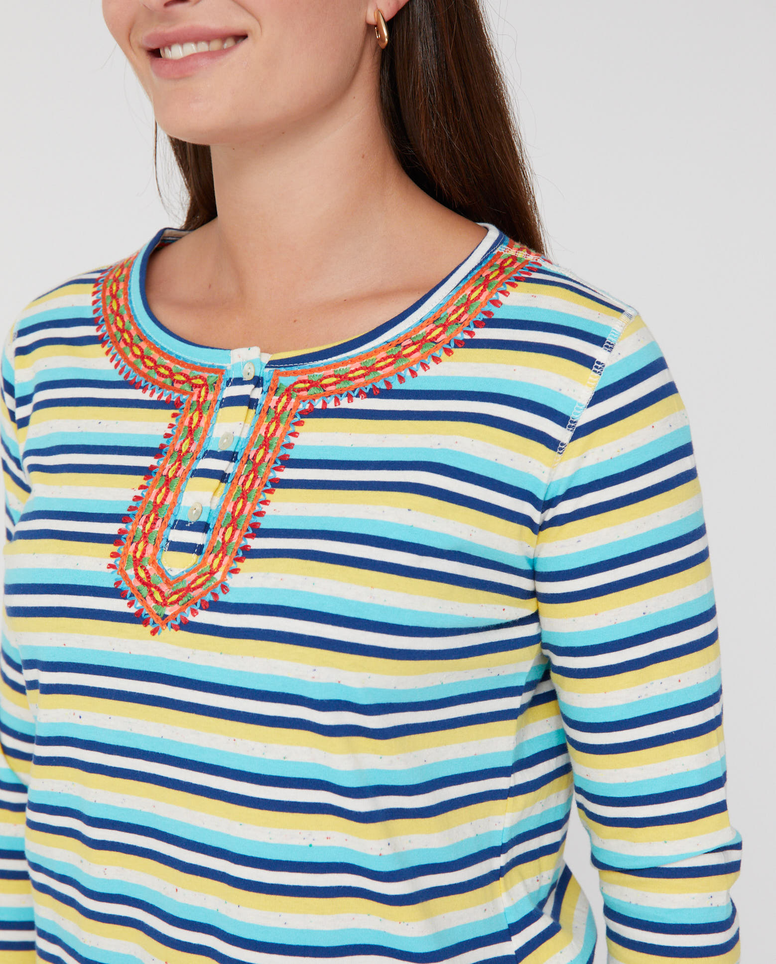 Camiseta de mujer rayas bordado en cuello - October - Azul Azul-3