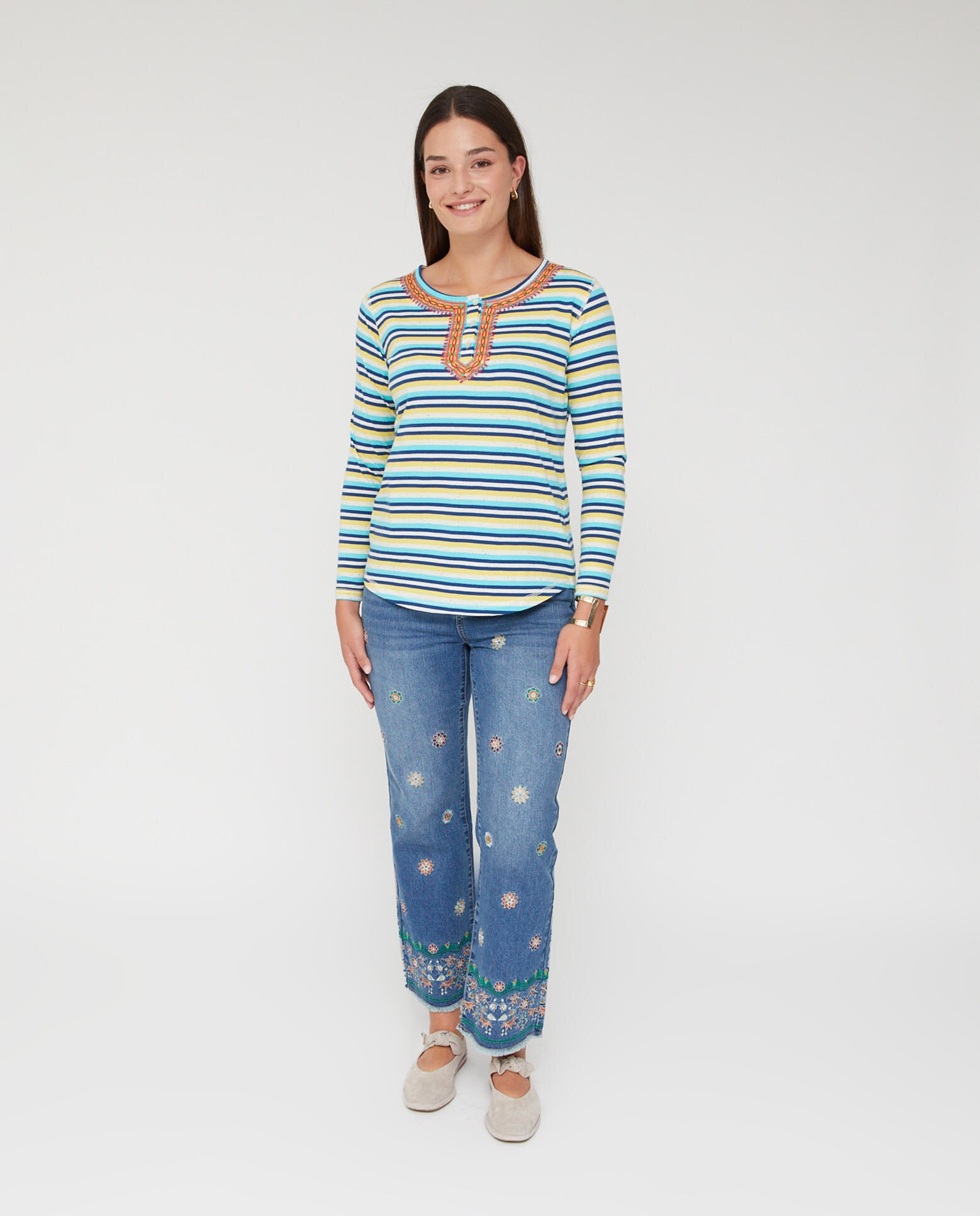 Camiseta de mujer rayas bordado en cuello - October - Azul Azul-4